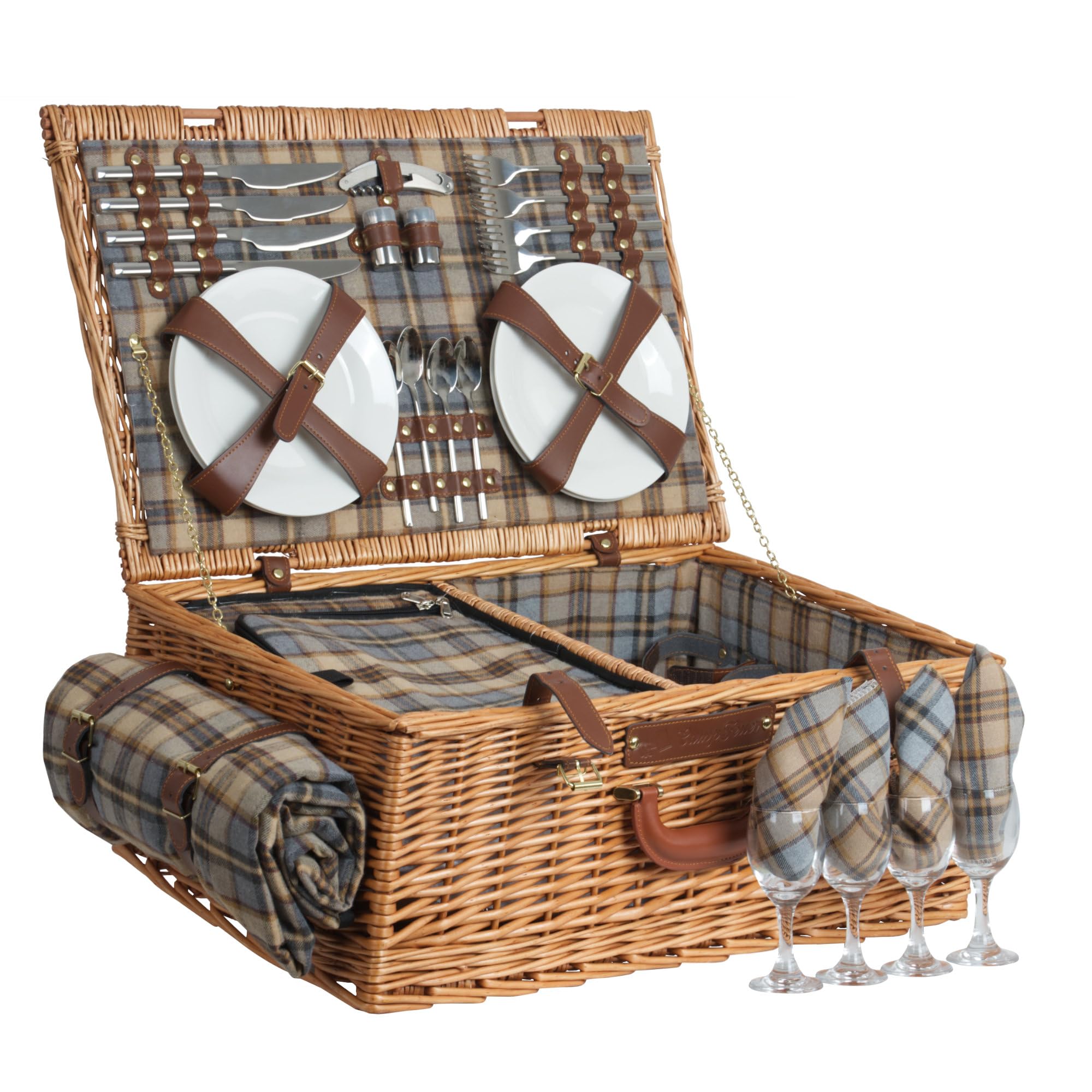 CampFeuer Cesta de Mimbre para Picnic con Vajilla y Compartimento Refrigerador | 4 Personas | 29 Piezas | Set de Picnic con Platos de Cerámica, Cubiertos, Copas y Cuchillo de Camarero