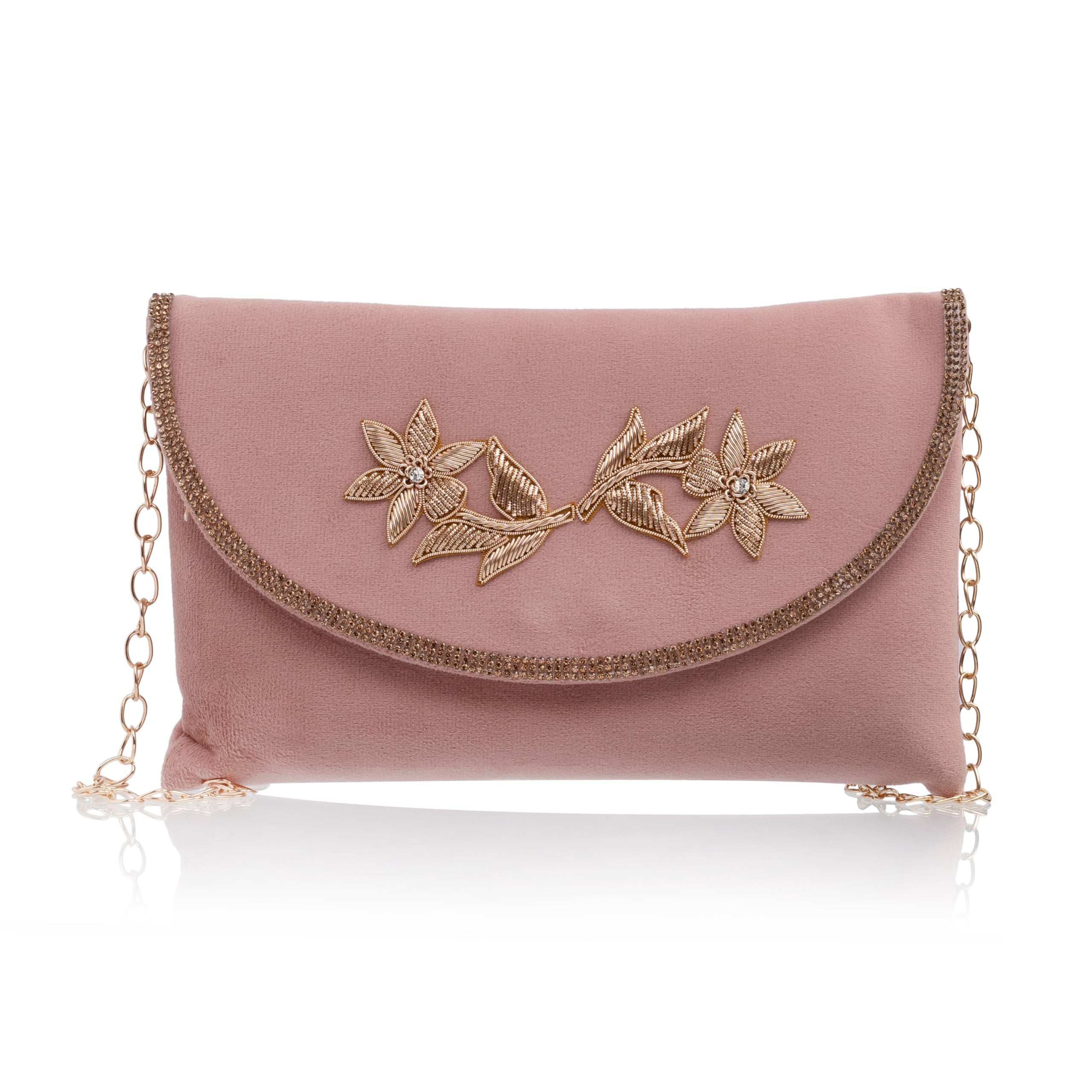 Black Velvet Envelope Clutch with Gold Floral Embroidery and Chain Strap, Evening Bag for Women-image-7