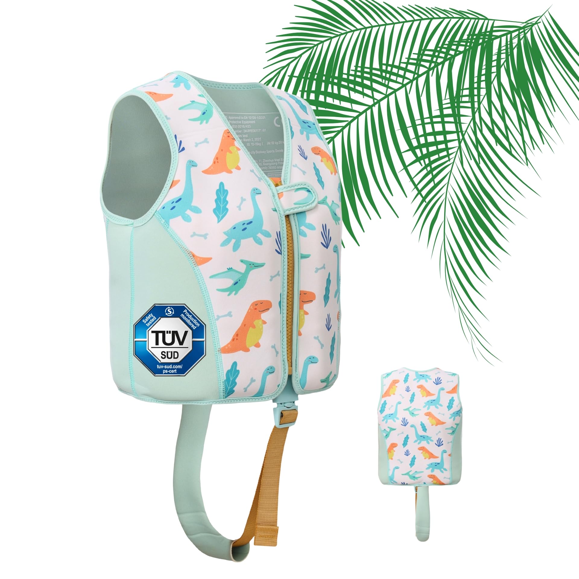 Gilet de Natation Aide à la flottabilité pour Enfants Fille garçon 3 à 6 Ans, UPF 50+, 40kg Maximum, Motif Dinosaure étoile de mer Coquille, Fermeture Éclair Sécurisée Ceinture Ajustable
