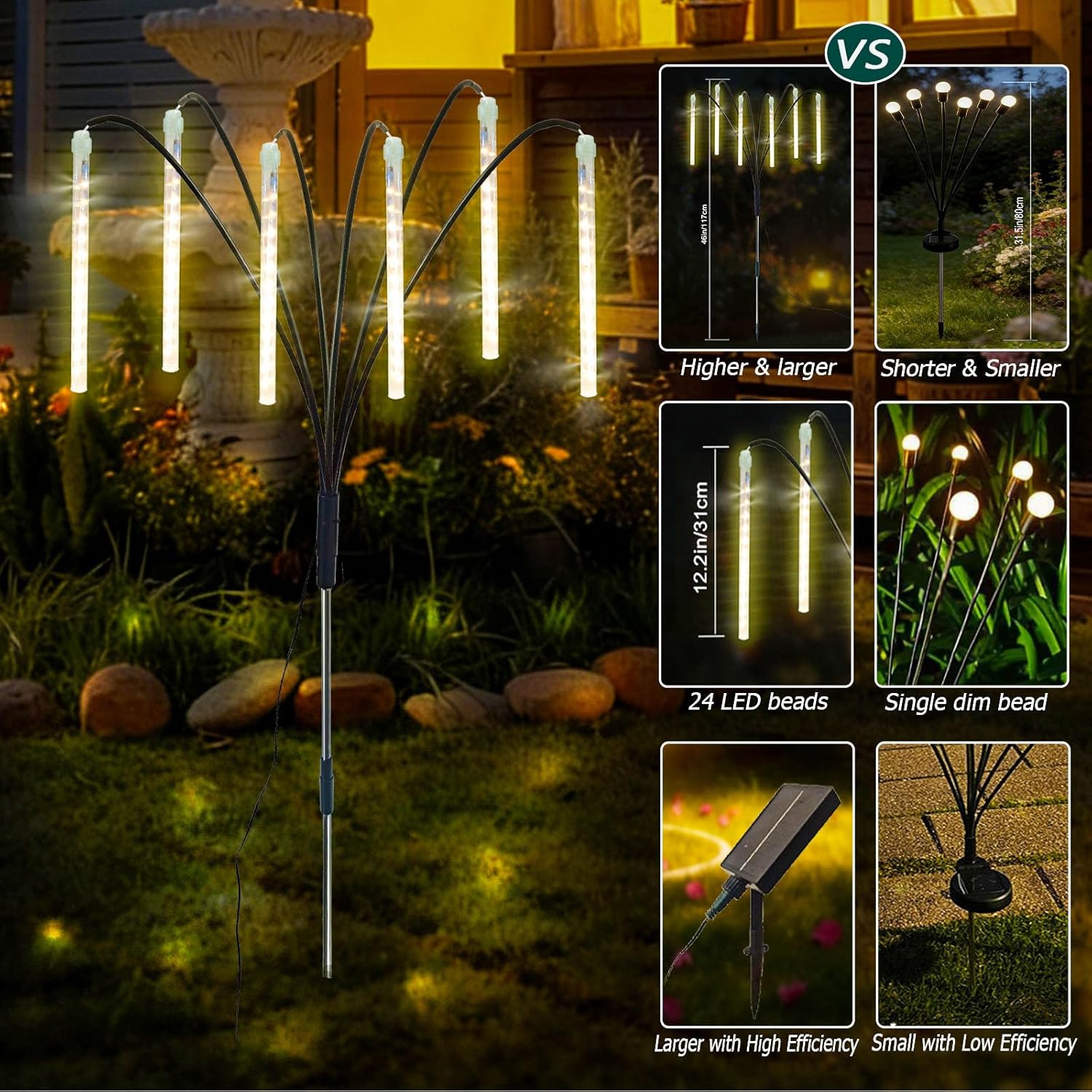 Garden Decor Outdoor Solar Meteor Shower Lights 2Pack 288LED,46" Whimsical Solar Garden Lights with 12 Brighter Tubes,Solar Twinkle Lights Outside for Garden Yard Path Porch Patio Lawn Decor