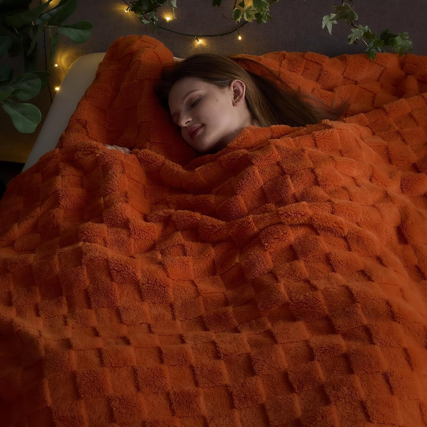 NEWCOSPLAY Super Soft Queen Blanket Orange Premium Silky Flannel Fleece 3D Checkered Lightweight Bed Blanket All Season Use (Orange Checkered, Queen(90"x90")) - Image 2