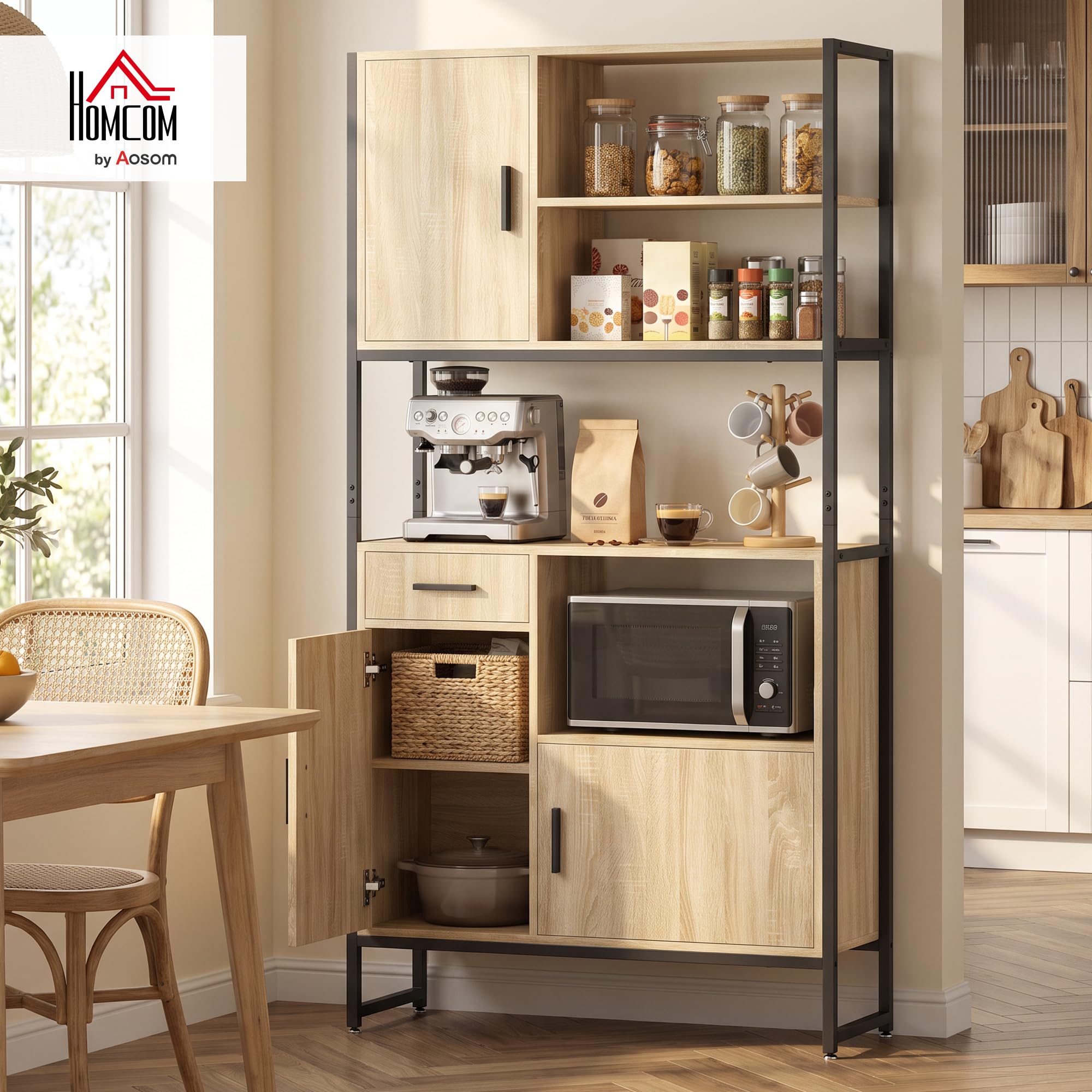 HOMCOM Buffet Haut Cuisine 3 Portes à Fermeture Douce Tiroir Bois Naturel