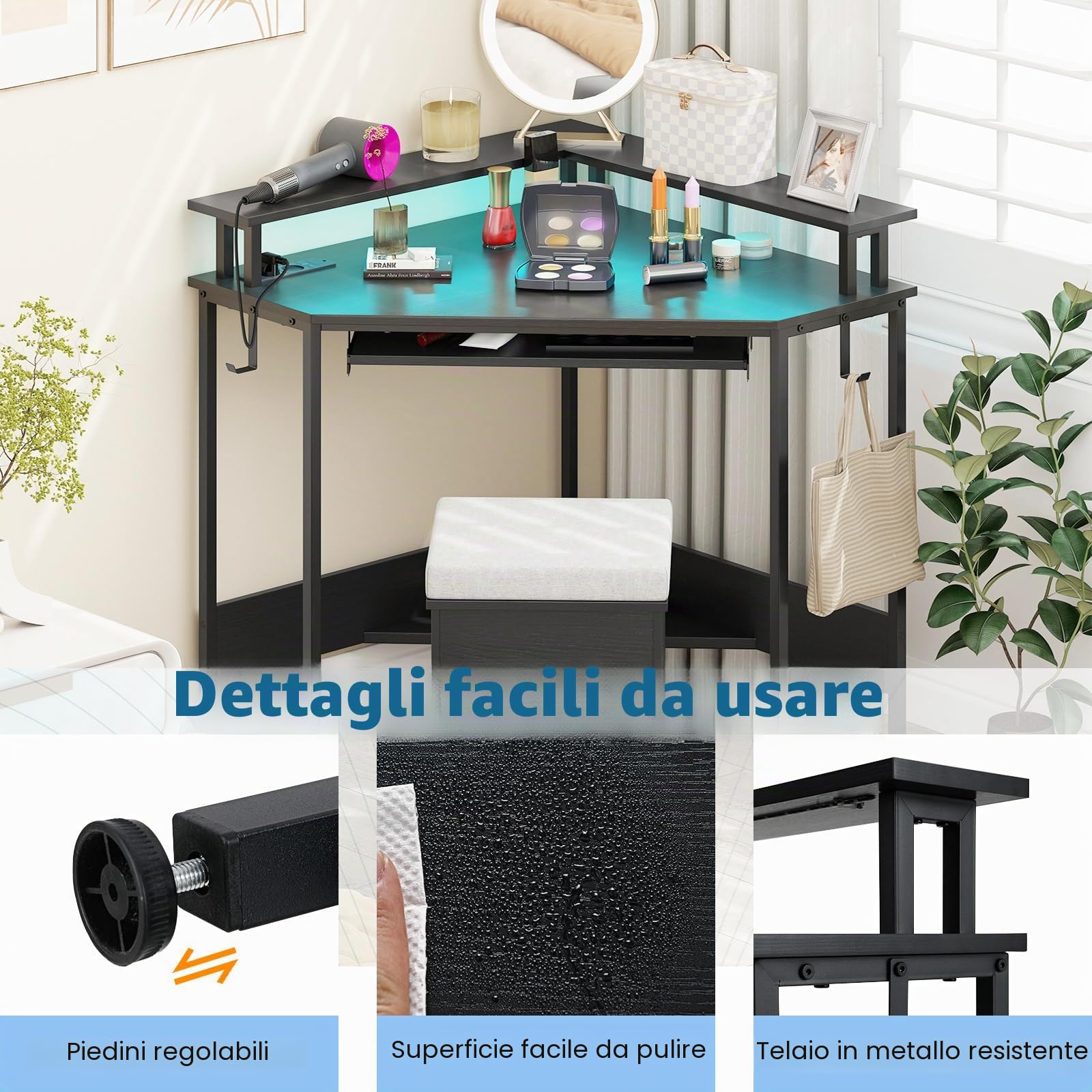 LIFEZEAL Scrivania angolare con luci LED, scrivania angolare con supporto per monitor e tastiera, tavolo da ufficio con stazione di ricarica USB tipo C e prese, telecomando (nero)