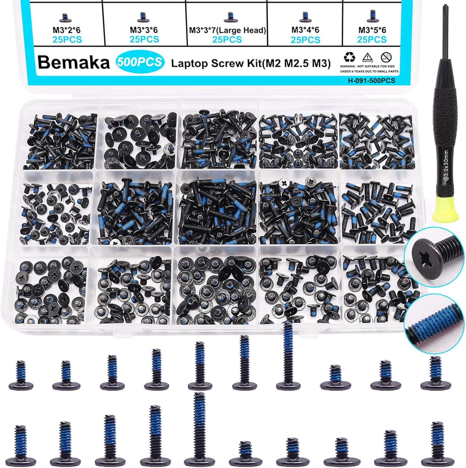 500PCS Laptop Screws Notebook Computer Screws Kit 20 Sizes Blue Nylok Screws M2 M2.5 M3 Laptop Replacement Computer Screws for Motherboard SSD PC Fan Hard Drive