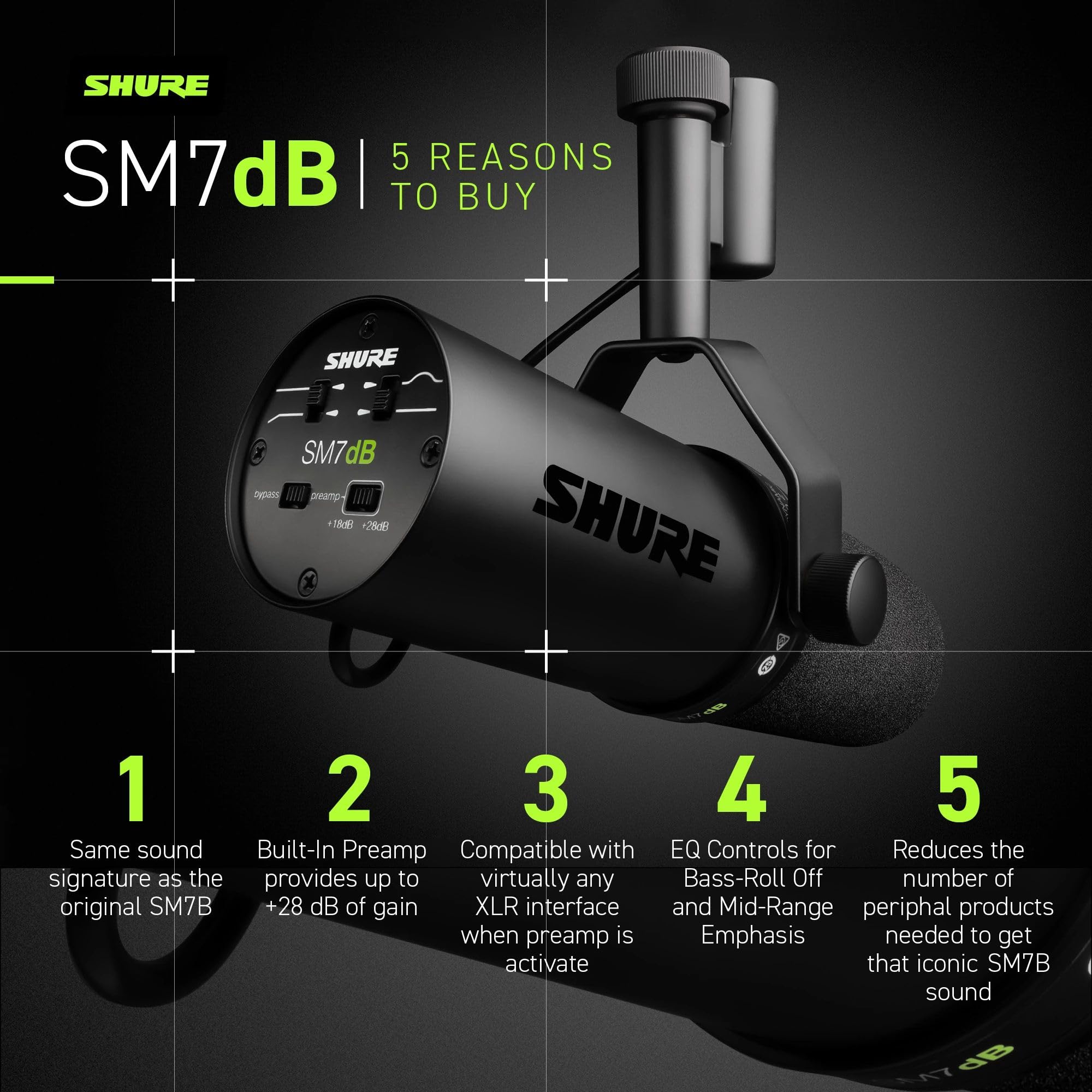Shure SM7dB Dynamic Vocal Microphone w/Built-In Preamp for