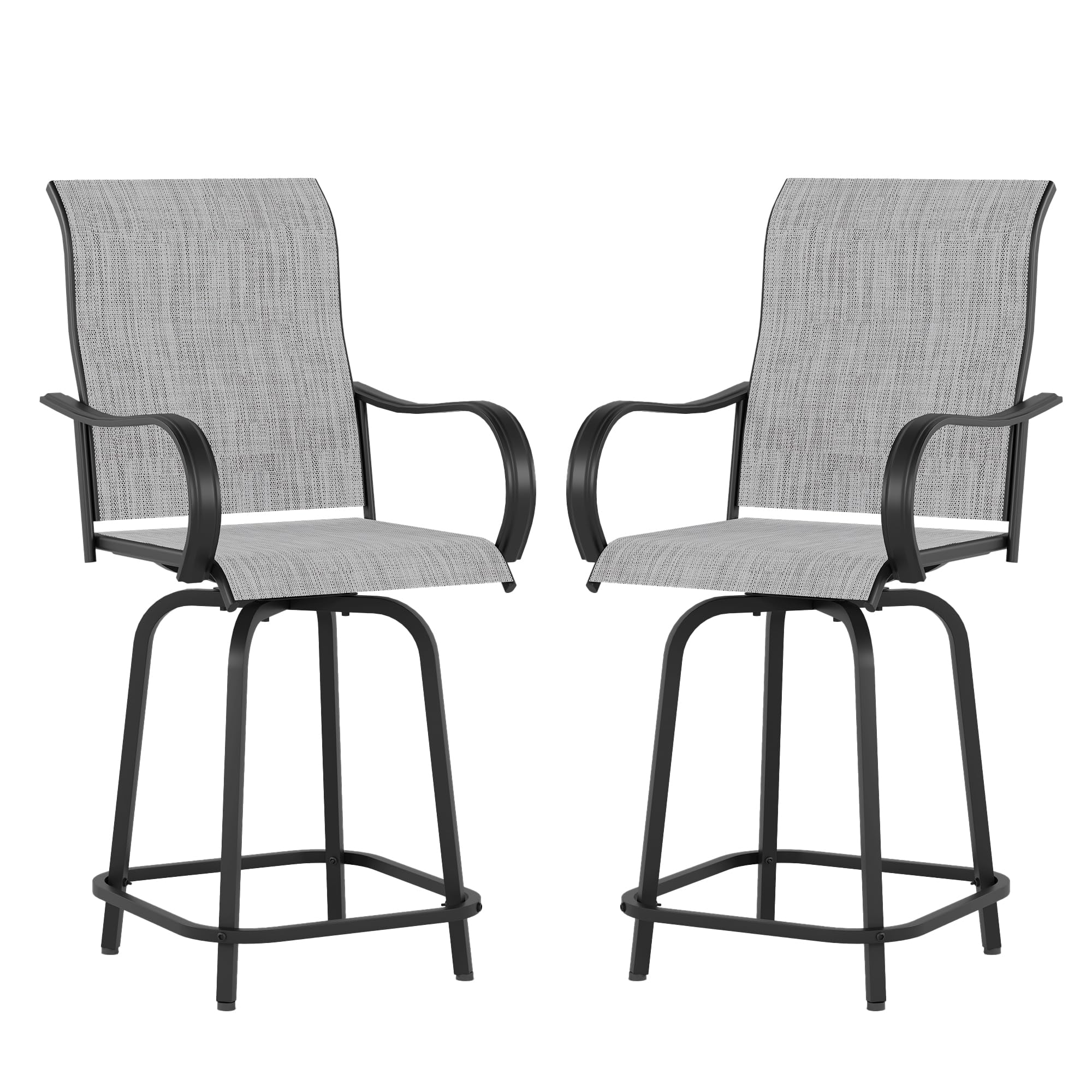 VONZOYPatio Swivel Bar Stools Set of 2 - Outdoor Bar Height Chairs with High Back and Armrest for Deck, Pool, Garden, Backyard - All-Weather Metal Frame Textilene Fabric, Grey