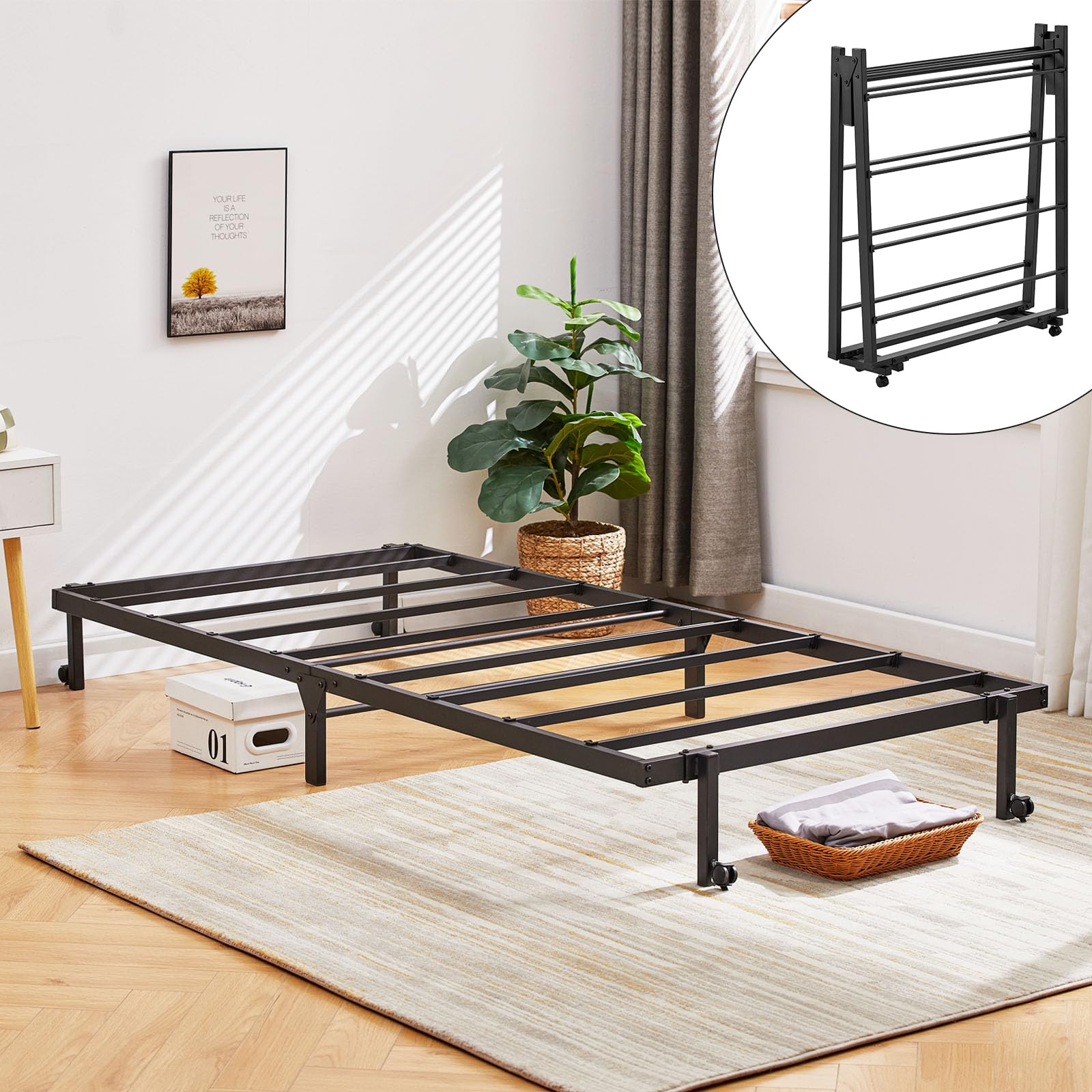 Cama Plegable para 1 Persona de Metal, Marco de Cama Individual, 90 x 190 cm, Marco de Cama Plegable con 4 Ruedas, Negro