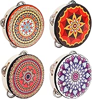 YOUEON 4 Pack 6 Inch Colorful Tambourine with Single Row Jingles and Ribbons, Small Wooden Hand Held Drum, Percussion Gift, Tambourines for Adults, Dance, Photo Prop