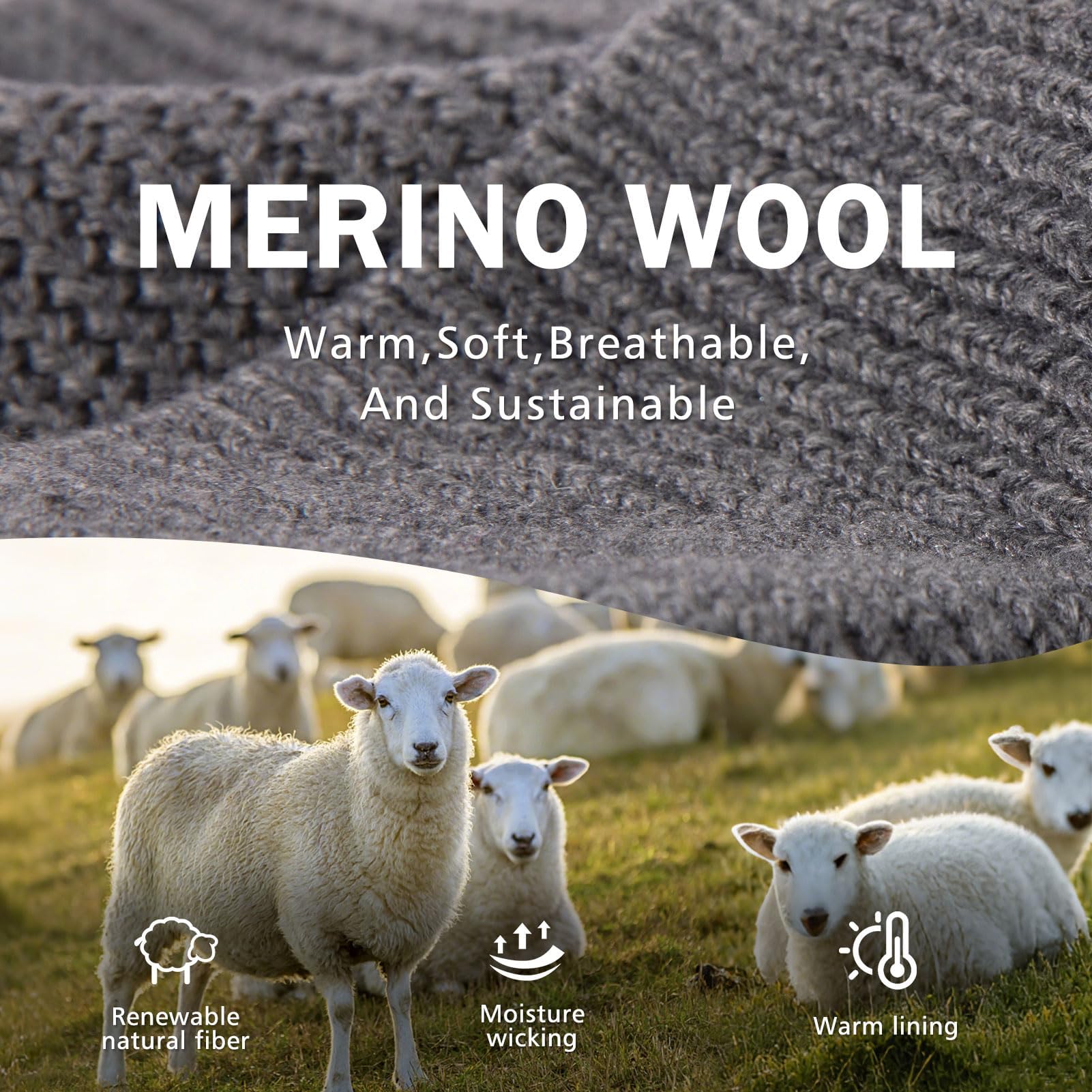 TOP-EX Gorro de lana merino M-XL con puños para hombre y mujer con forro polar, sombreros térmicos de invierno, gorro de punto de lana suave, gorro de esquí y correr