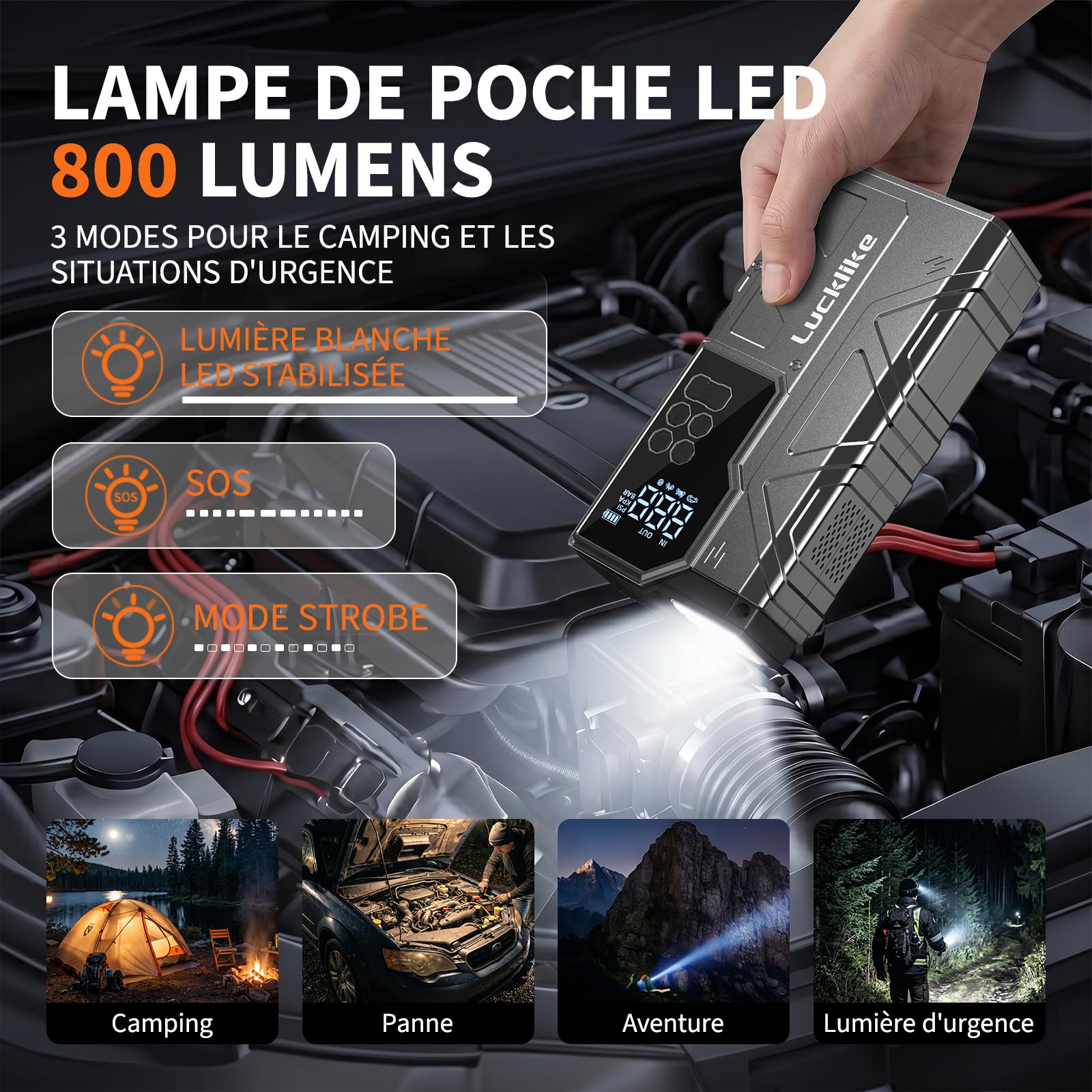 LUCKLIKE W210 Booster Batterie Voiture avec Compresseur, Démarreur Batterie Voiture, 150PSI Gonfleur, 12V Jump Starter Tout Gaz ou 10L Diesel, Écran LCD, Eclairage de Secours, Banque d'alimentation