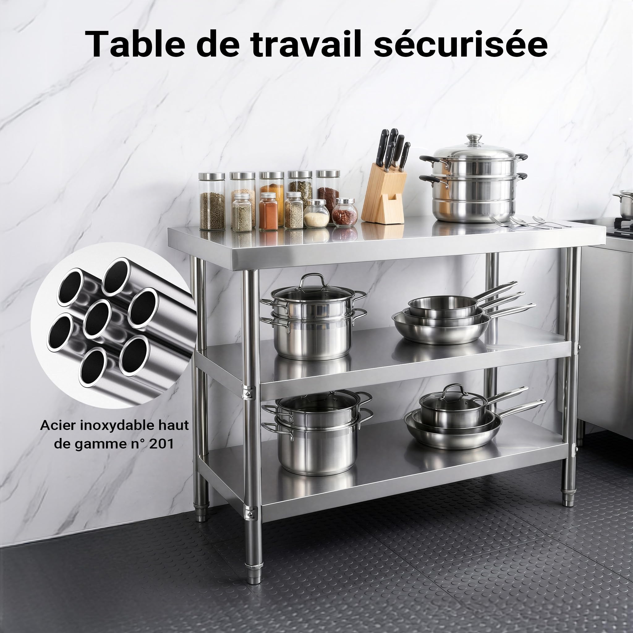 WilTec Table de Travail – 1200 x 600 x 850 mm – en Acier Inoxydable – avec 2 Étagères et Pieds Ajustables – Établi INOX Table INOX