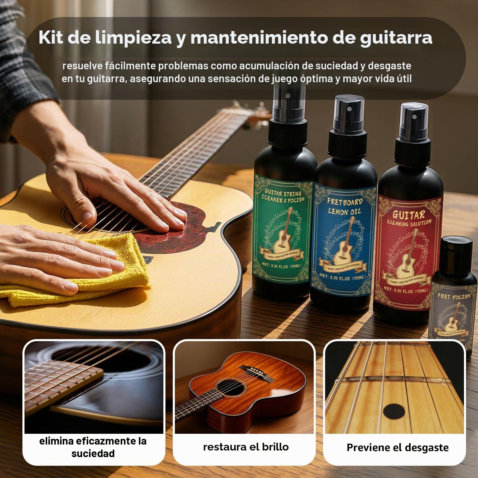 1DFAUL Juego de mantenimiento y limpieza para guitarra de 9 piezas con limpiador de guitarra, pulidor, aceite para diapasón y aceite para cuerdas, para todos los tipos de guitarra, ideal para