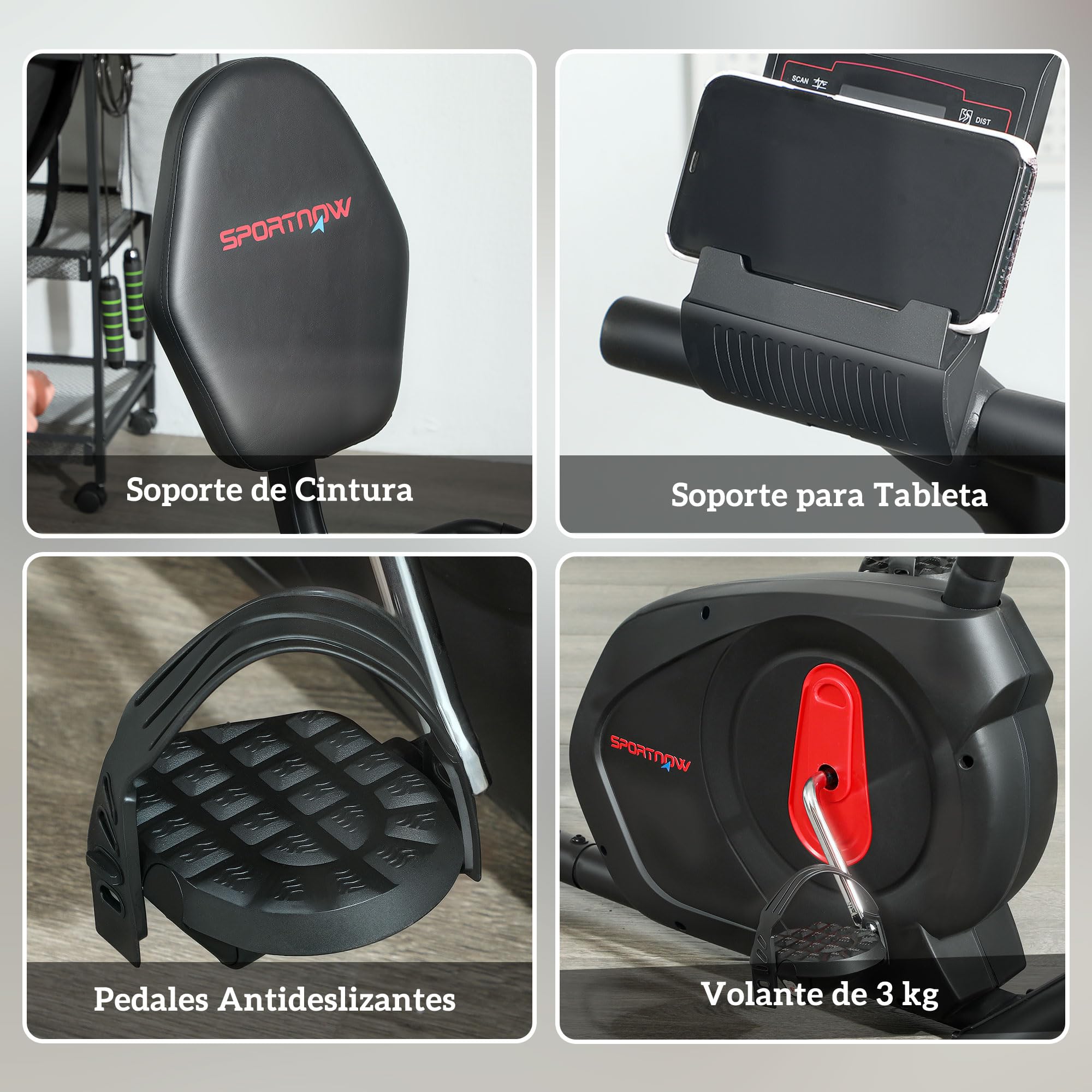 SPORTNOW Bicicleta Estática con Respaldo Reclinada 8 Niveles Resistencia | Volante, Asiento Regulable, Soporte para Teléfono, Pantalla LCD, Ruedas, Ideal para Entrenamientos