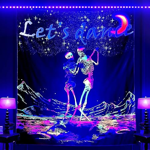 ADDWel Tapiz de calavera de luz negra que brilla en la oscuridad, póster psicodélico de luz negra de los amantes de los besos, esqueleto reactivo a