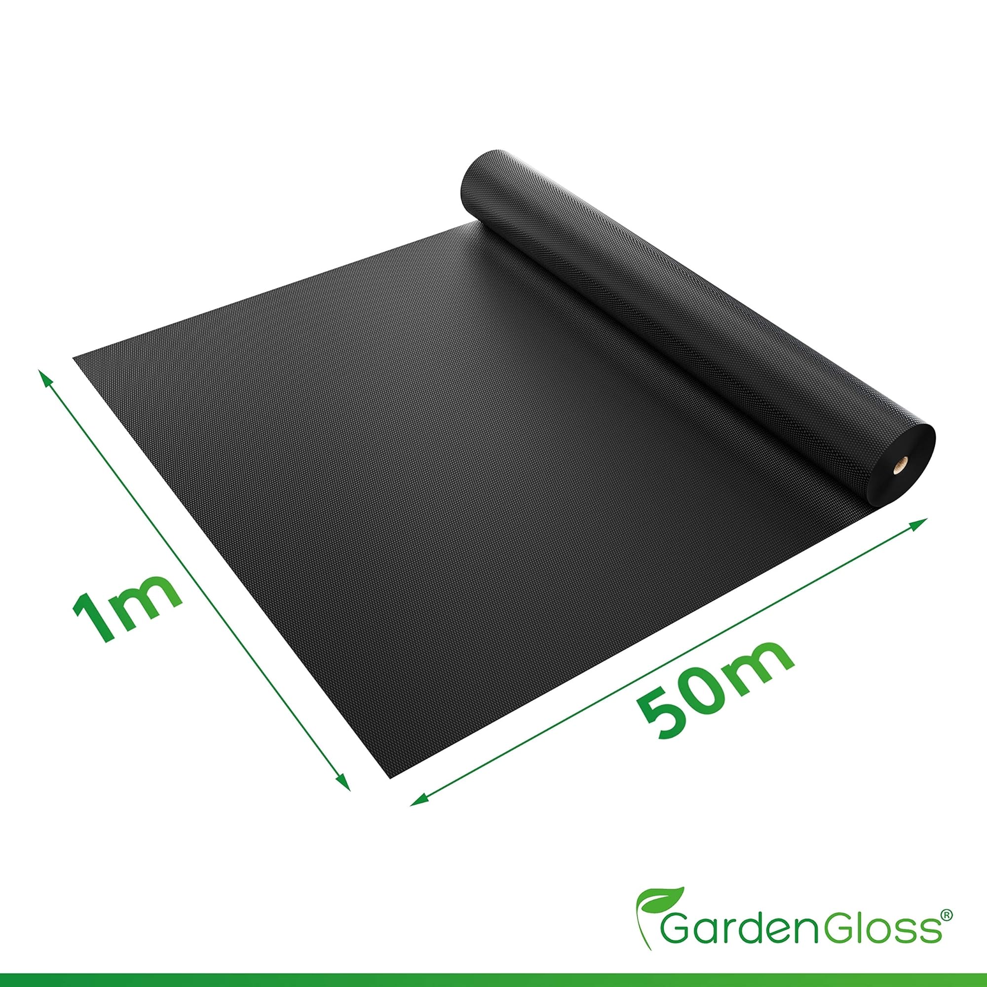 GardenGloss Telo Pacciamatura Contro Erbe Infestanti 50m² 150g/m² Extra Resistente Strappo Permeabile Acqua Resistenza UV Nero Orto 50m x 1m 1 Rotolo