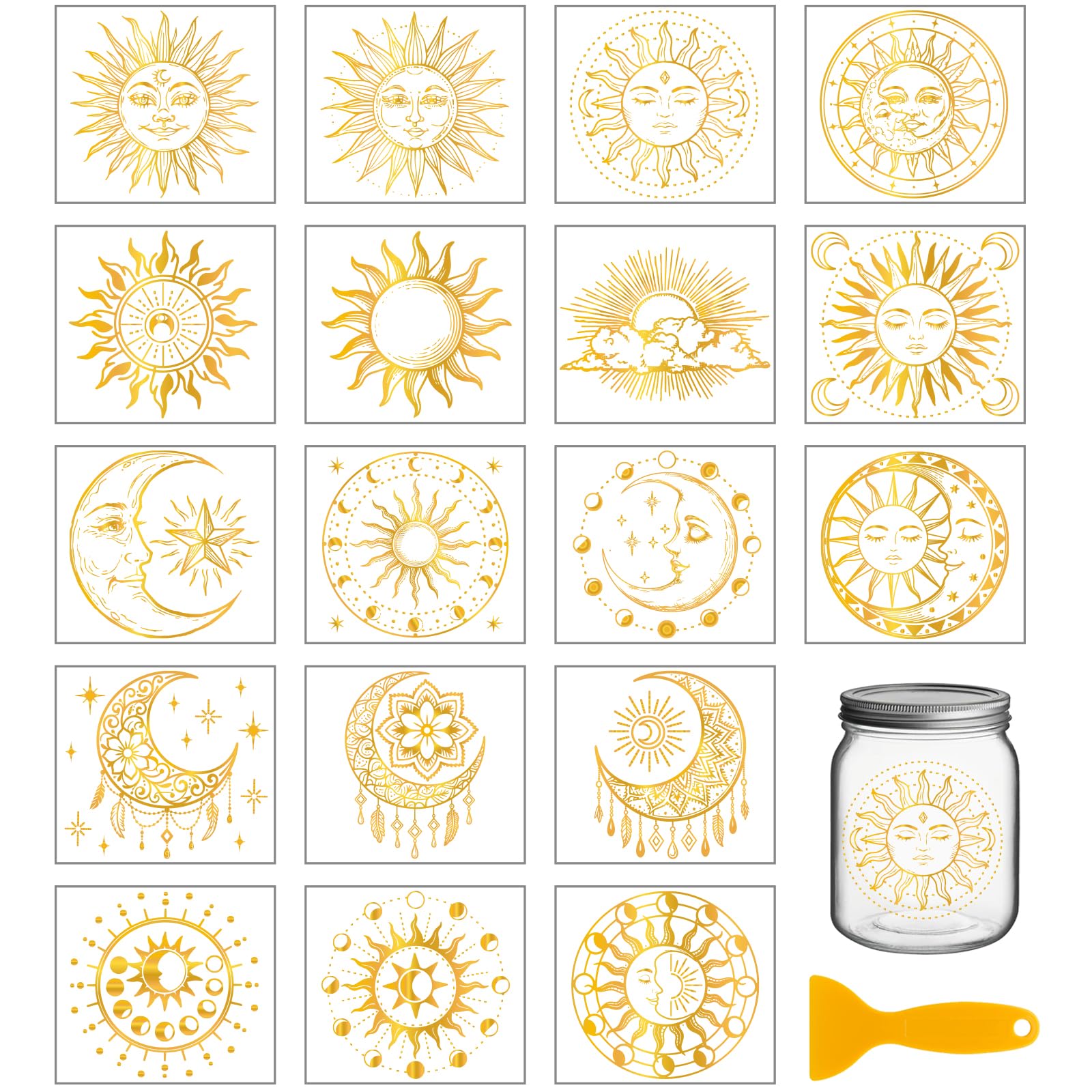GLOBLELAND 18 Sheets Gold Sun and Moon Transfer Stickers 3.9x3.6inch Colorful Moon Phases Transfer Decal Rub on Transfer for Cup Decal Vase Glass Art Crafts Decorations