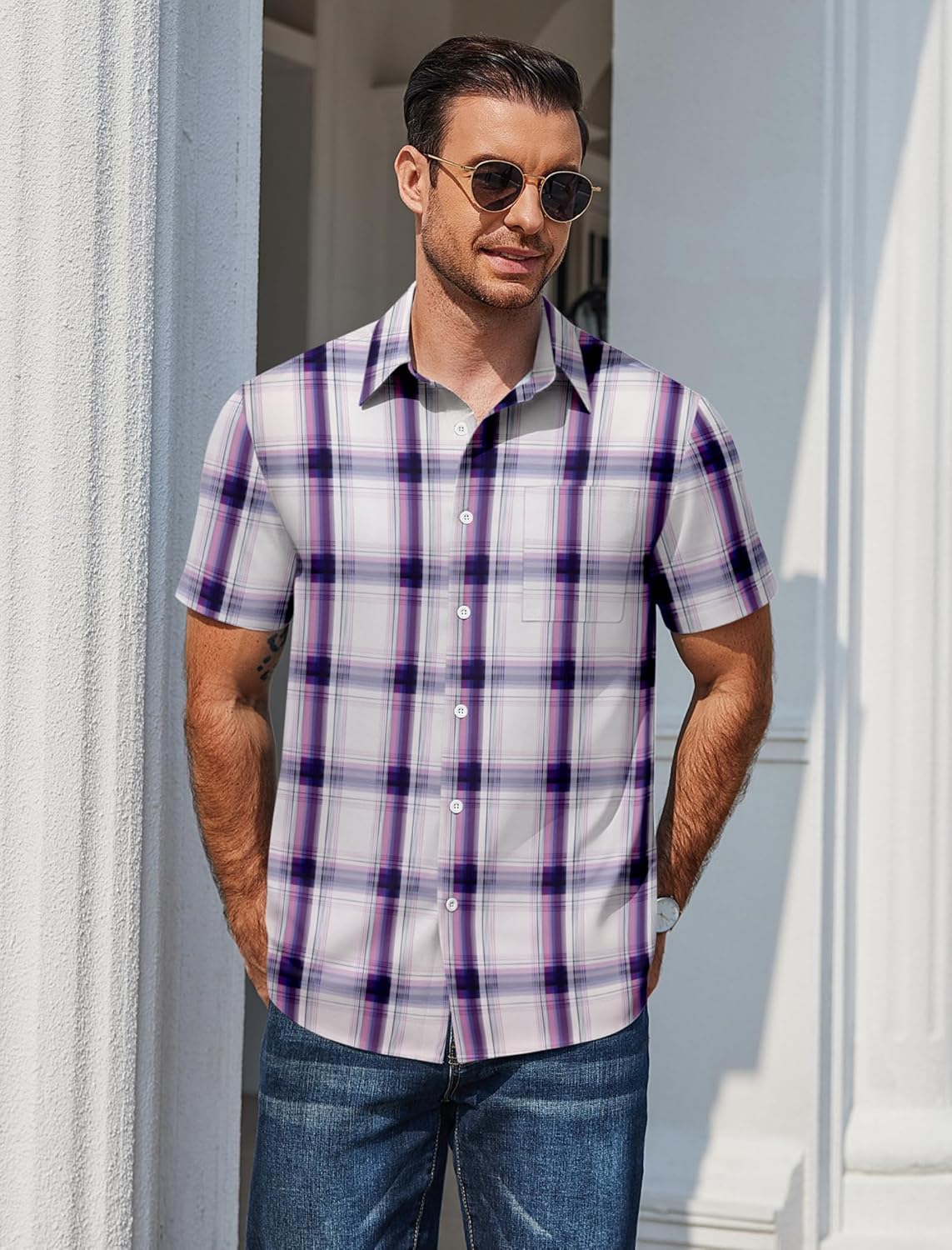 COOFANDY Mens Plaid Short Sleeve Button Down Shirts Regular Fit Casual Dress Shirts with Pocket - Image 2