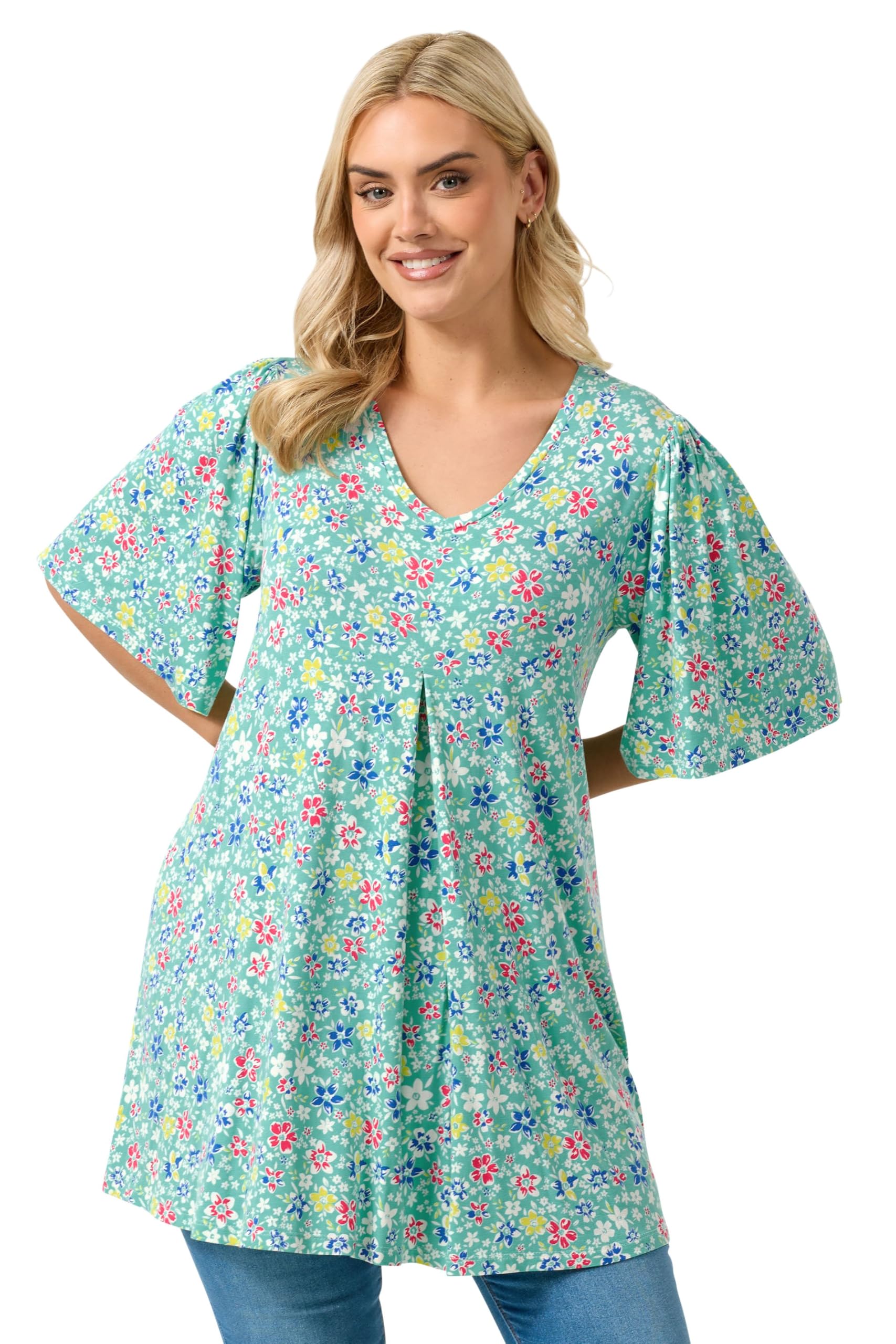 Yours Curve Floral Pleat Front Top - Women's - Plus Size Curve Green