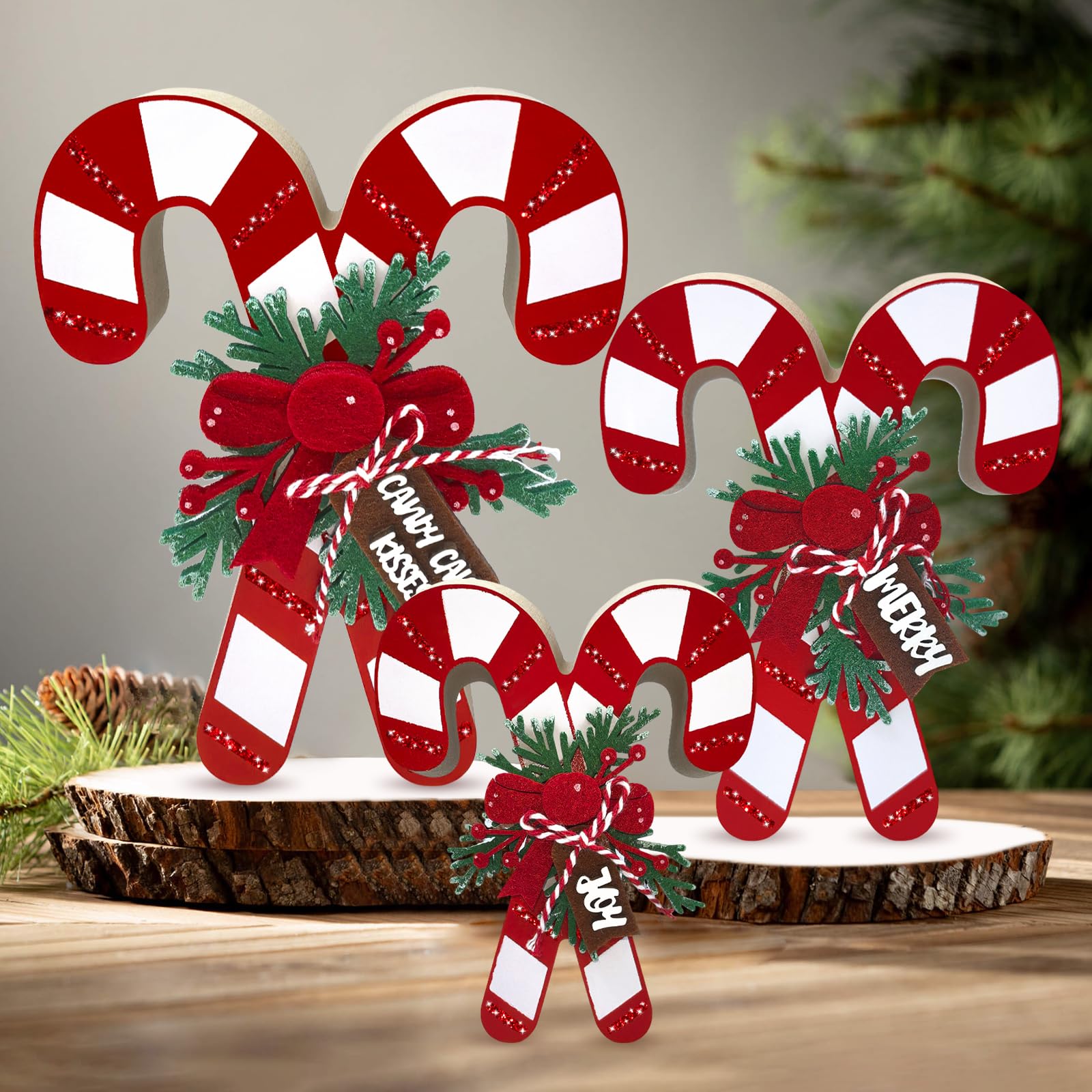 3 Piezas de Decoración de Bastones de Caramelo Navideños de Madera, Decoraciones de Mesa Navideñas 3D Juego de Dulces de Madera Decoración de Bandeja Escalonada Navideña Roja 3 Tamaños