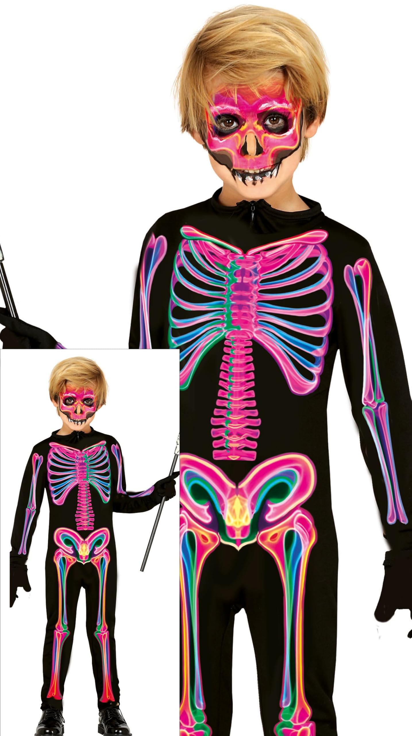 FIESTAS GUIRCA Neon Skeleton Kids Fancy Dress Costume - Skeleton Jumpsuit Costume - Girls & Boys Halloween Costumes Age 7-9 Years
