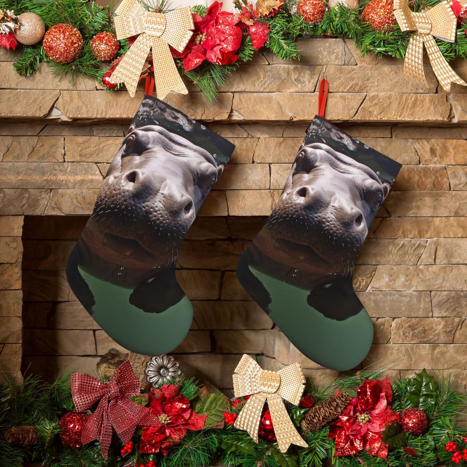 KLOPH Christmas Stockings 18" Personalized Xmas Stocking Diving Hippo Decoration Stocking Hanging Fireplace Stocking for Holiday Xmas Tree Christmas Fireplace Decor