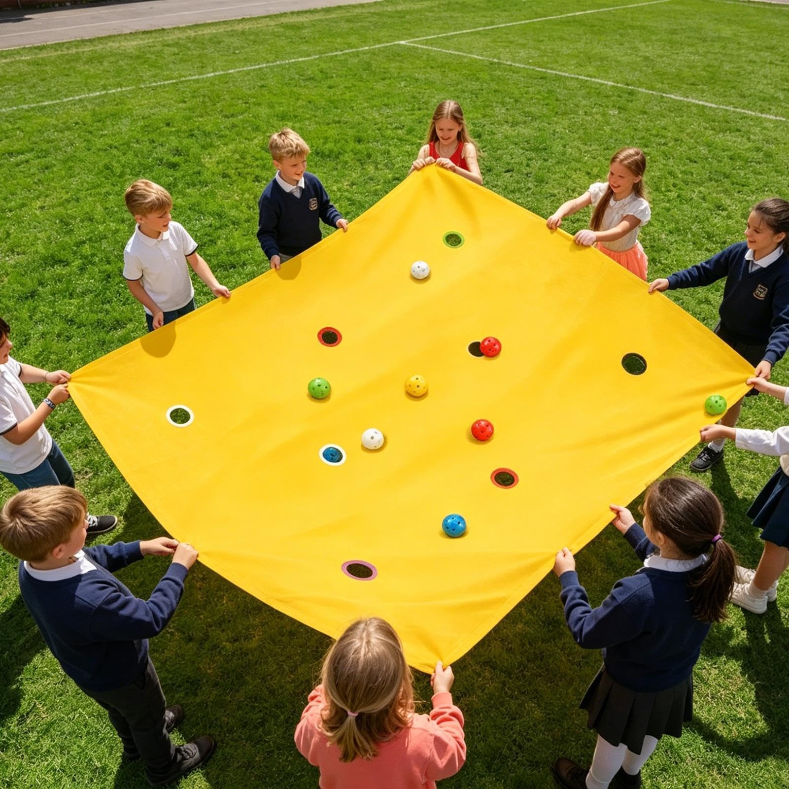 Giochi di Team Building - Asciugamano con fori e 8 palline, giochi di gruppo, per riunioni di famiglia, feste, spiaggia, cortile, all'aperto, scuola, casa
