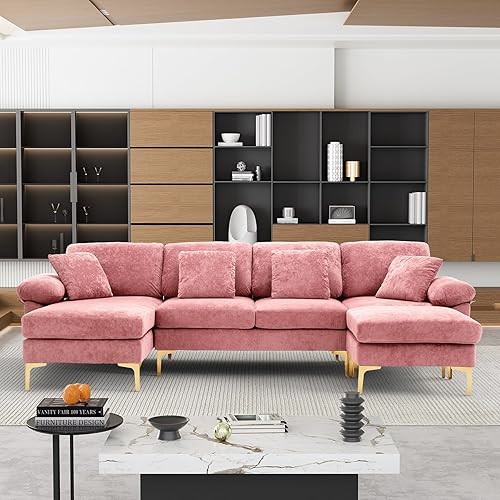 OUYESSIR U-Shaped Sectional Sofa Couch, 4 Seat Sofa Set for Living Room, Convertible L-Shaped Velvet Couch Set with Chaise Lounge, Ottoman and Pillows,114 inches (Pink)