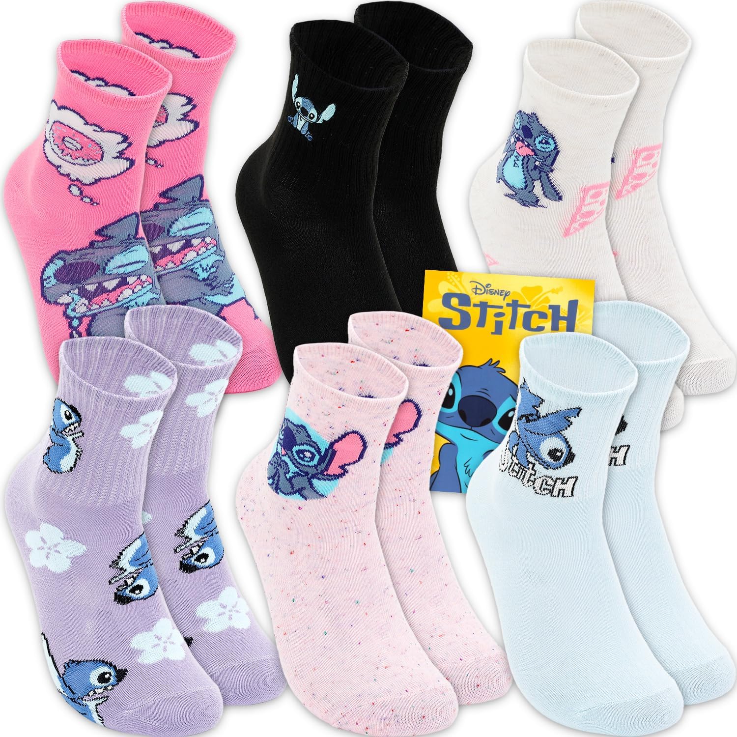 Socks for Women - Bundle with 6 Pairs of Disney Crew Socks Adult Size 4-10 Plus Tattoos | Stitch Apparel Set for Teens, Women