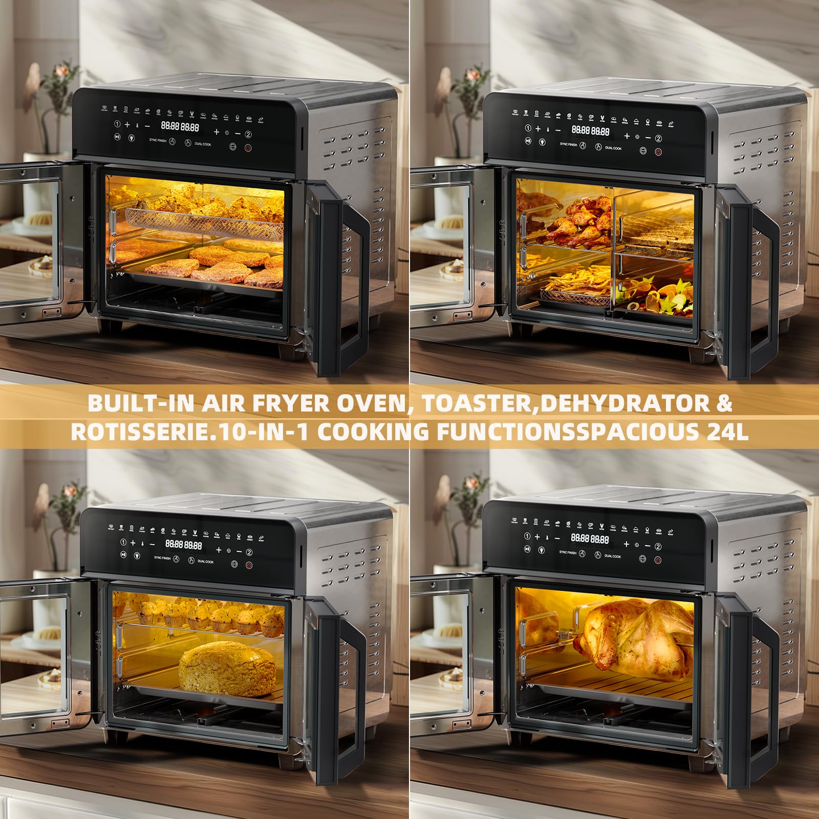 24L Friggitrice Ad Aria Forno XXL 1800W Microonde Friggitrice Ad Aria Grande Forno Pizza Elettrico Air Fryer Doppia Resistenza Forno Elettrico Piccolo Airfryer Forno Elettrico e Microonde Insieme