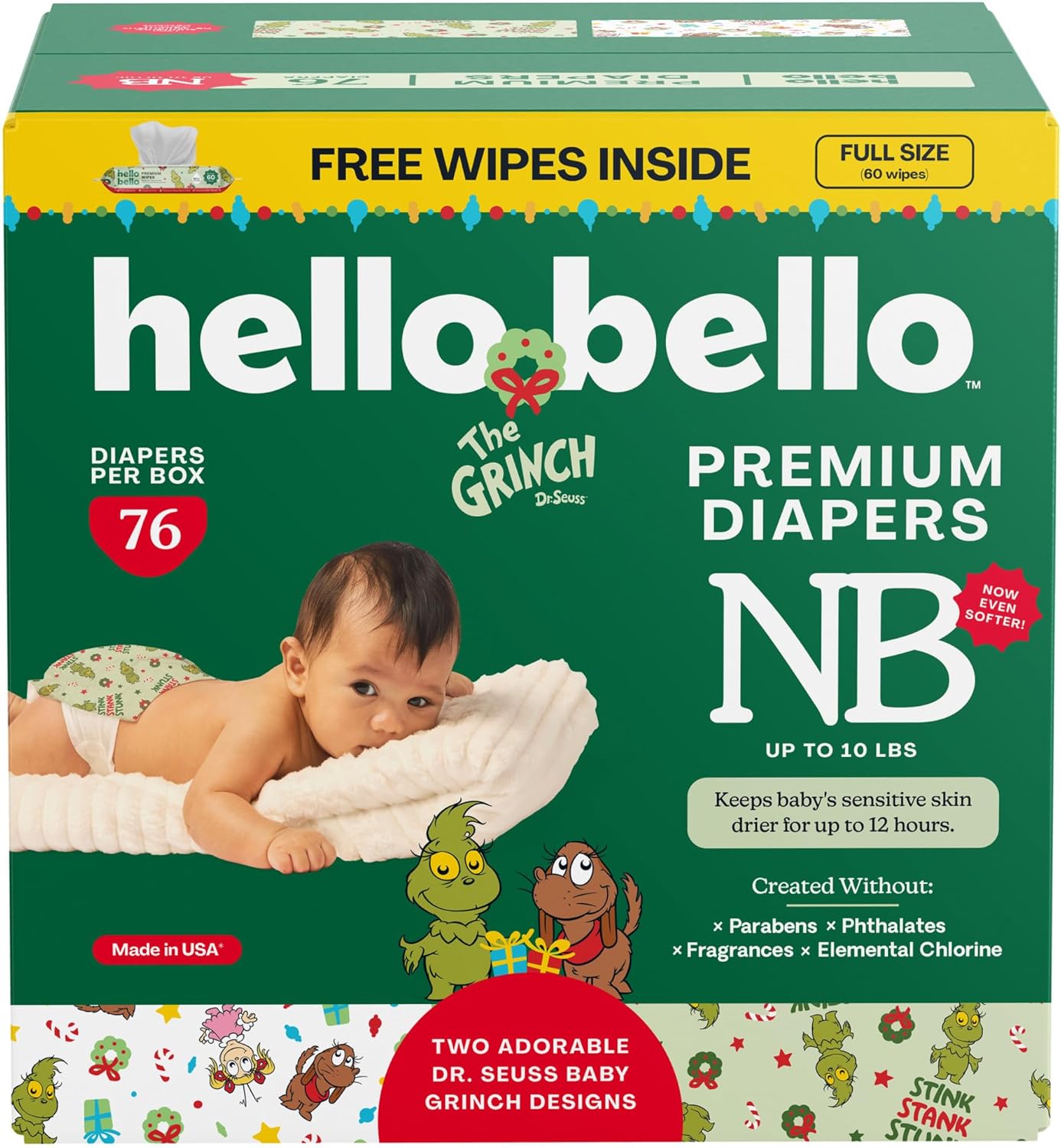 Hello Bello Dr. Seuss Baby Grinch Premium Diapers, Size NB (Up to 10 lbs), 76ct Plus Bonus Wipes: Softness & Protection for Sensitive Skin 76 Count Dr. Seuss Baby Grinch