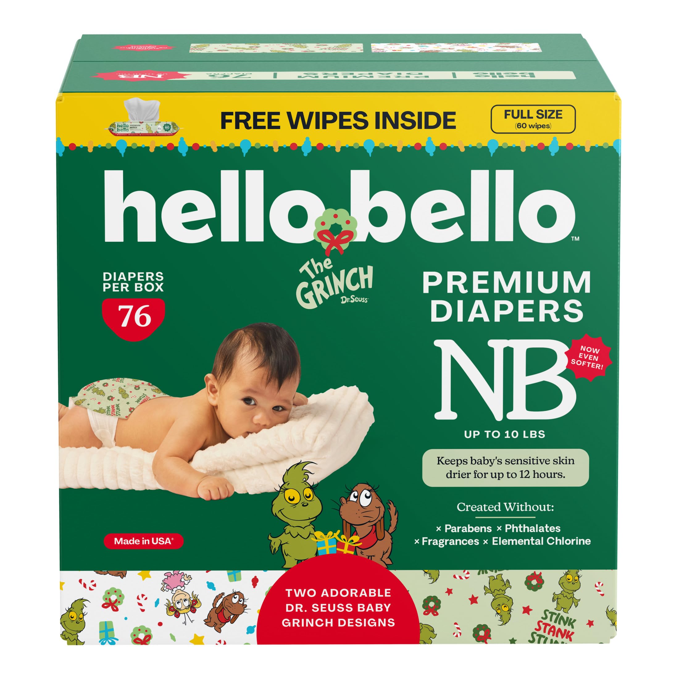 Hello Bello Dr. Seuss Baby Grinch Premium Diapers, Size NB (Up to 10 lbs), 76ct Plus Bonus Baby Wipes: Softness & Protection for Sensitive Skin