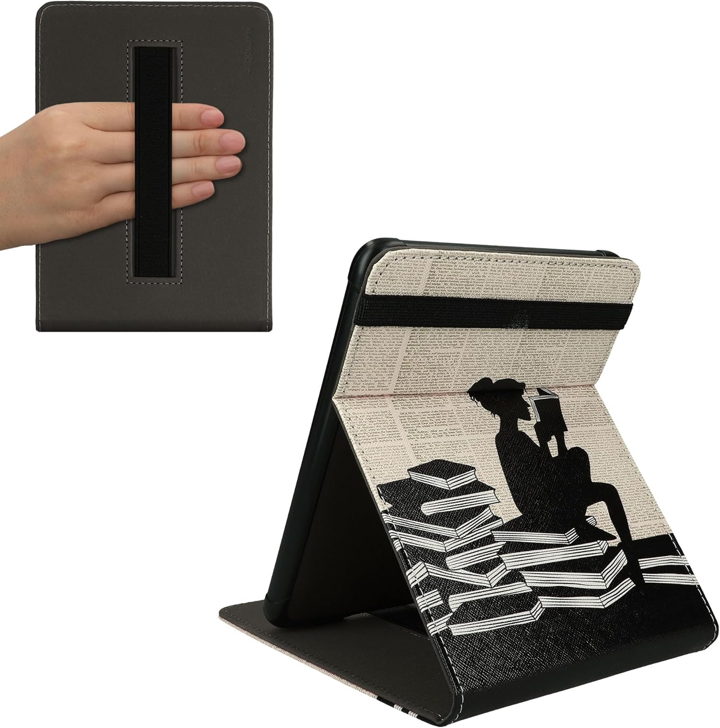 kwmobile Cover Compatible with Amazon Kindle Paperwhite (2024)/Colorsoft Case - Stand + Strap - Girl and Books Black/Beige
