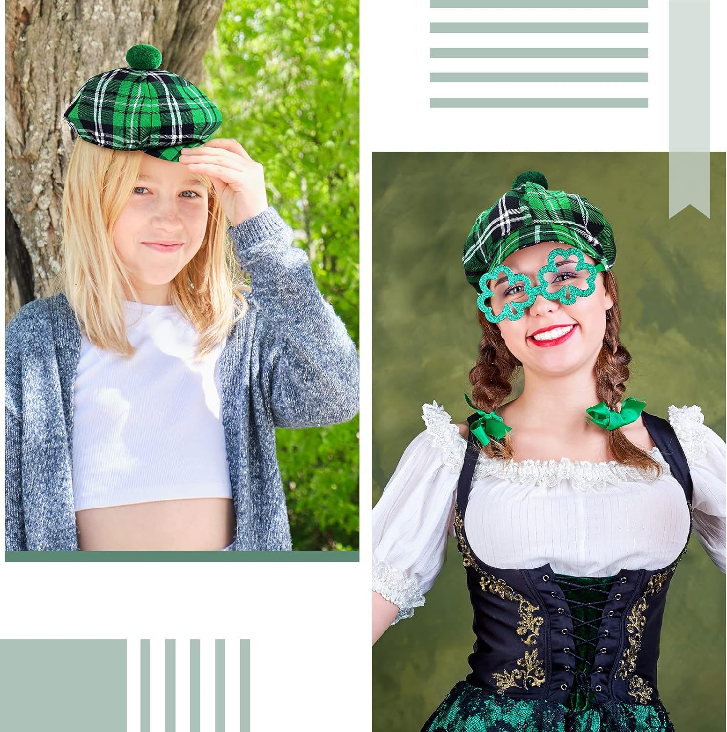 Funtery 2 Pcs St. Patrick's Day Costume Kit Irish Plaid Green Kilt for Men Scottish Tam with Pompom Tartan Skirt Kilts St Patricks Day Scottish Hat for Men Women - Image 7