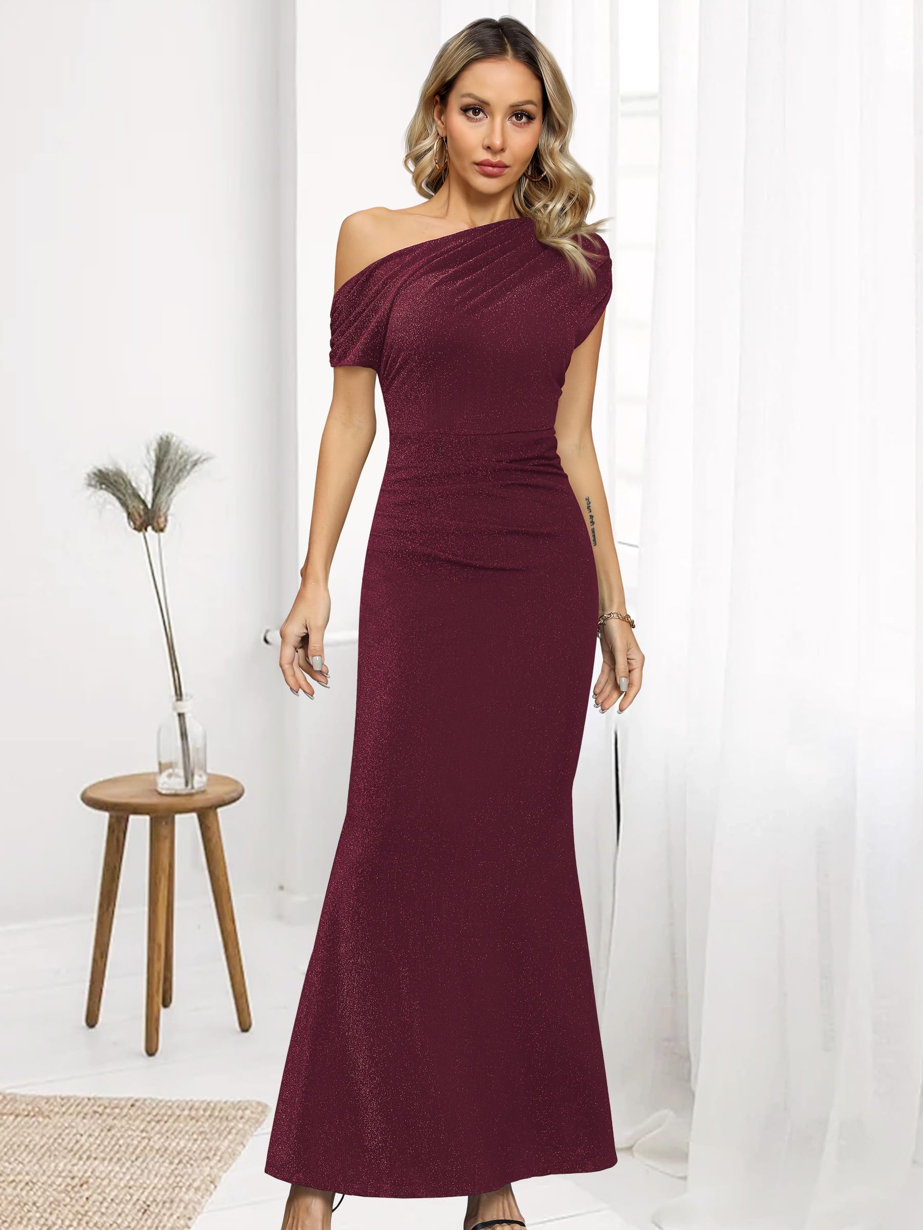 Missufe Damen Abendkleid Cocktailkleid Ballkleid Lang Hochzeit Festlich Elegant Maxi Meerjungfrau Bodycon One Shoulder Kleider