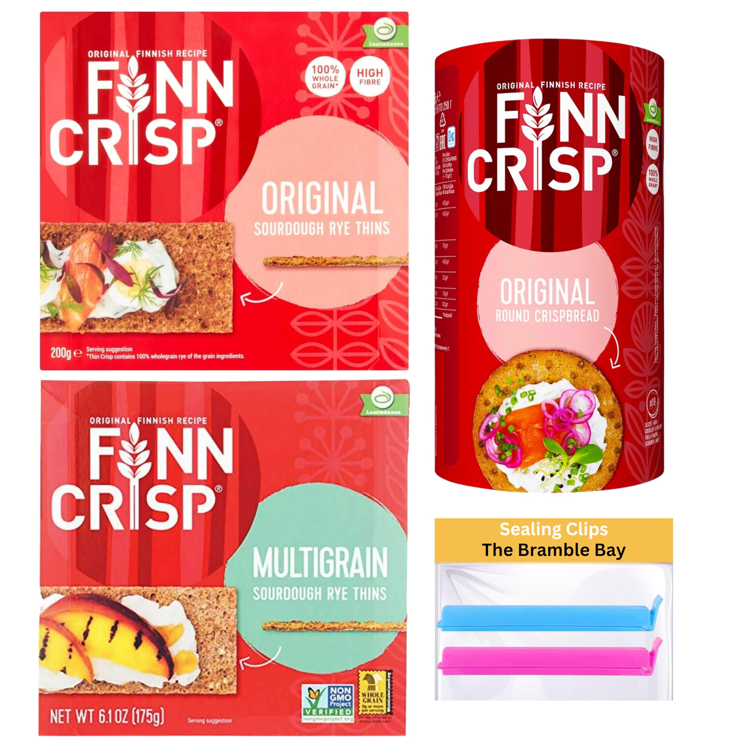 Finn Crisp bundle contains Original Thin 200g, Round Crispbread 250g, Multi Grain 175g, Food Sealing Clips x2