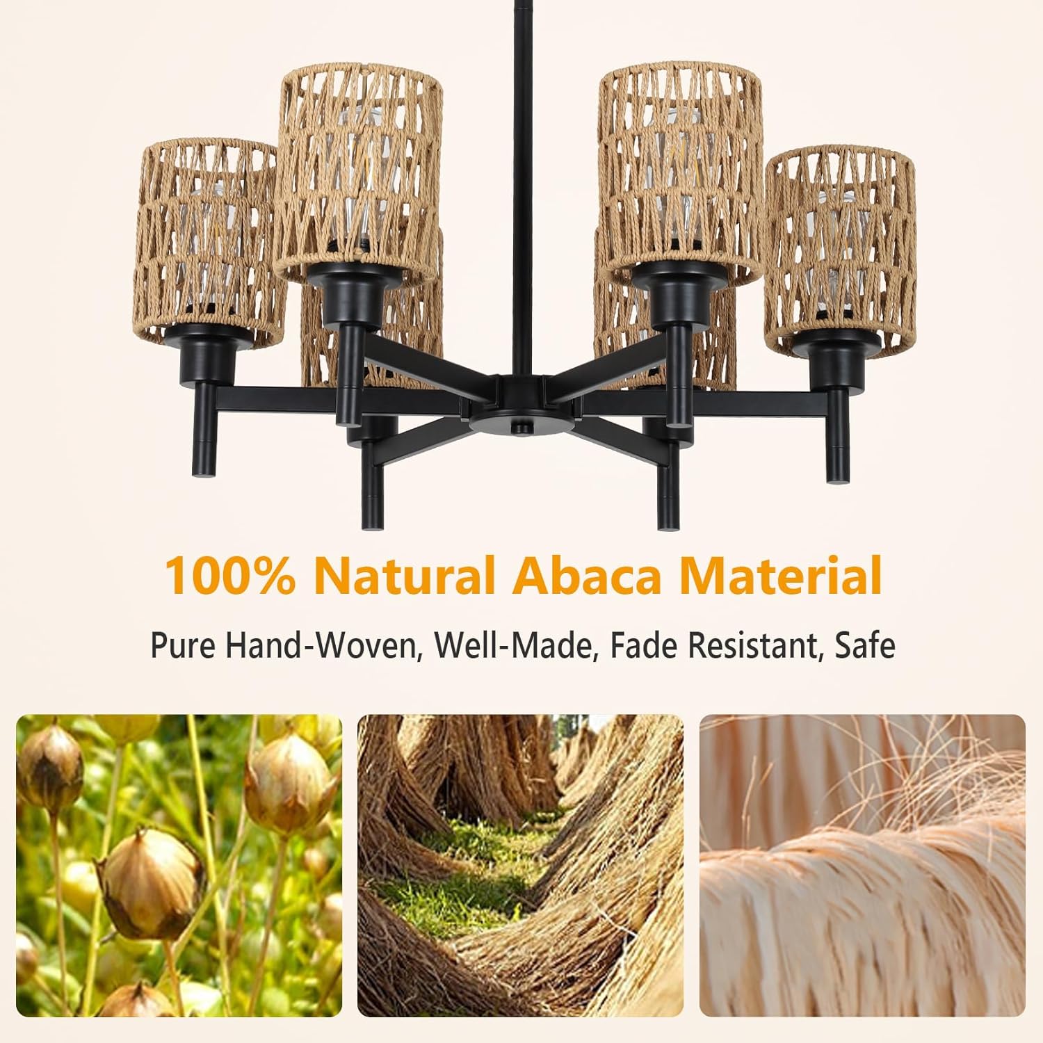 Airposta Rattan Farmhouse Chandelier for Dining Room, Black Pendant Lights Kitchen Island Lighting, Boho Chandeliers Ceiling Hanging Lamp, Rustic Dining Room Light Fixture for Living Room Bedroom Hall