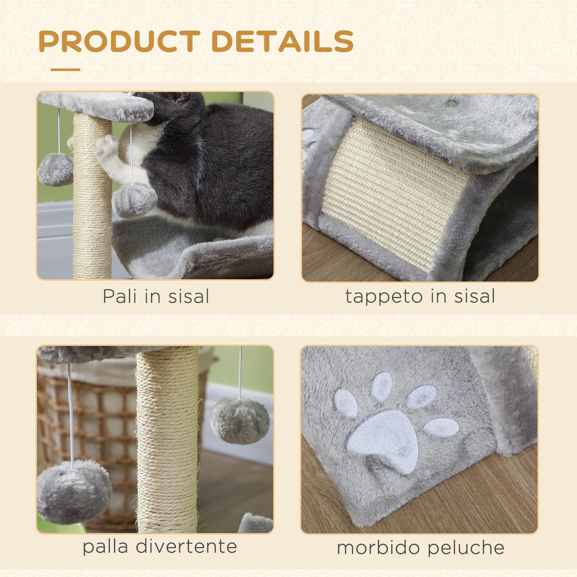 PawHut Tiragraffi per Gatti in Peluche con Cuccia, 40x30x43cm, Grigio | Graffiatoio e Palo in Sisal, 2 Palline