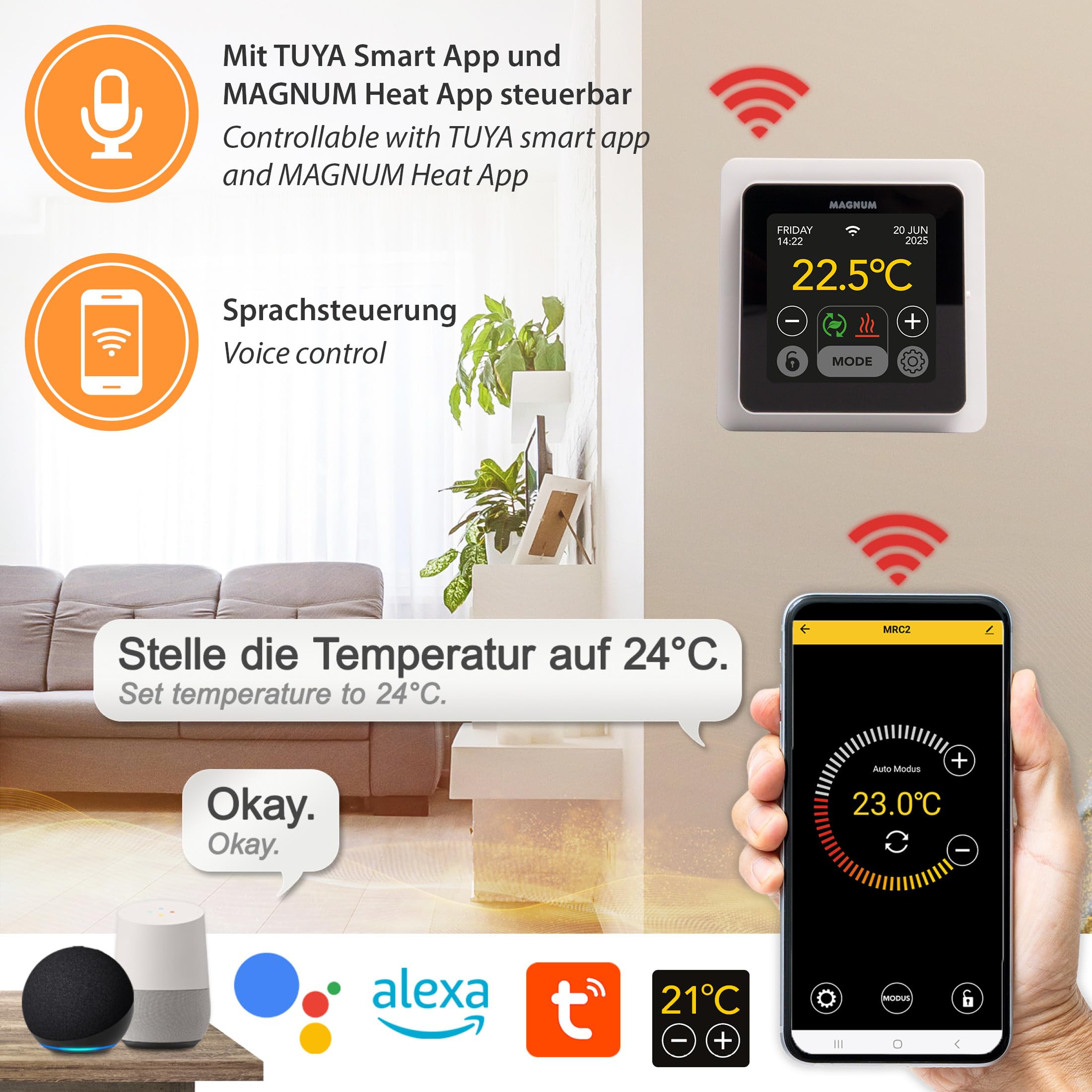 MRC - Termostato inteligente WiFi con sensor de suelo para calefacción por suelo radiante, calefacción eléctrica, convector, aplicación Tuya Smart App