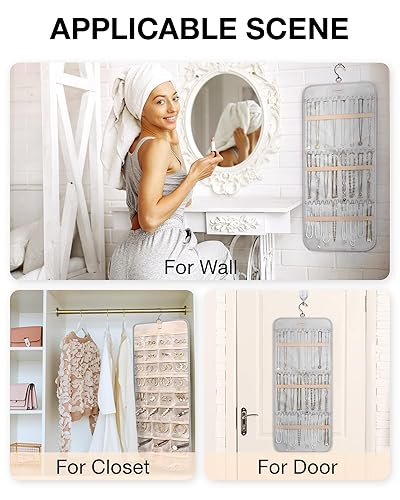 Miniatura 6 de BAGSMART Organizador de joyas colgante rollo de almacenamiento con ganchos de metal de doble cara para aretes, collares, anillos en el armario,