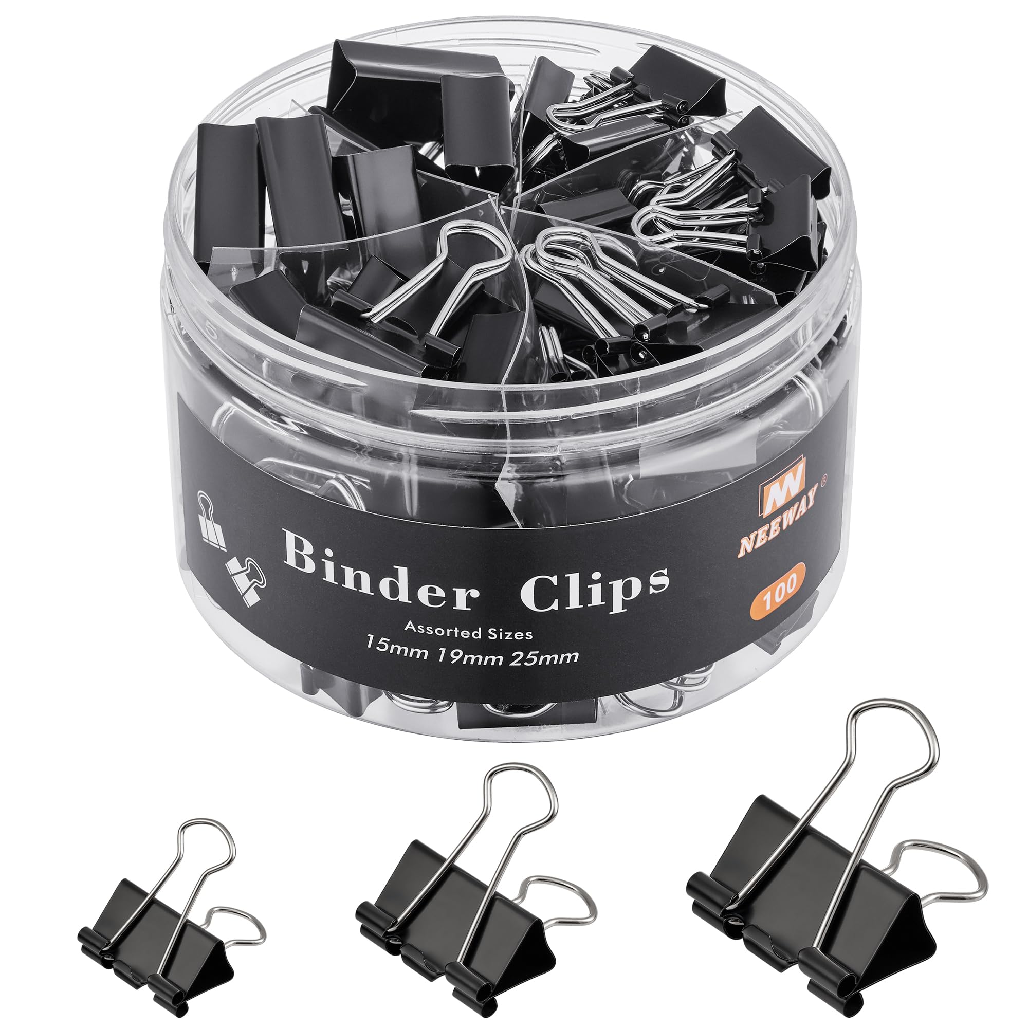 NEEWAY 100 Count Binder Clips Assorted Sizes, Paper Binder Clips (0.6inch 0.75inch 1inch), Metal Paper Clamps for Office and Home (Black)