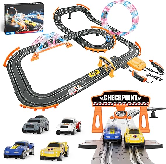 2-in-1 Slot Car Race Track Sets - Electric Race Car Track with 4 High-Speed Racing Cars, Dual Racing Game Lap Counter Circular Overpass Tracks, Remote Control Cars Toys/Gift for Boys Kids Ages 8-12