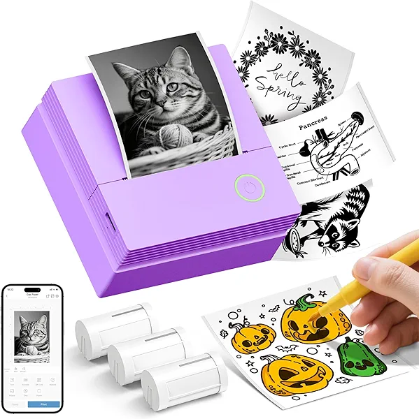 TYPONOS Sticker Printer, Mini Portable Bluetooth Thermal Printer with Multiple Templates & App Support, Inkless Print Pod for Study Notes, DIY Labels, Home School Office Usee (Violet)