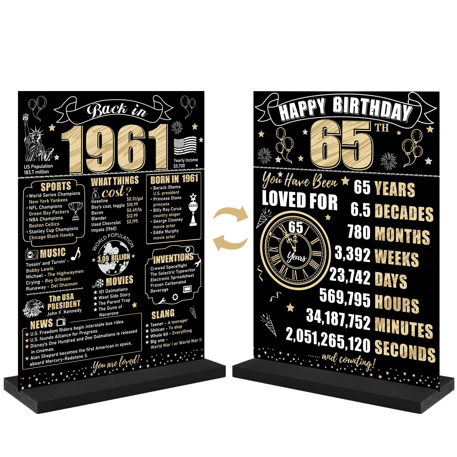 65th Birthday Decorations Back in 1961 Table Sign for Men Women, Black Gold Happy 65 Bday Two-Sided Wooden Table Poster with Stand Party Supplies,