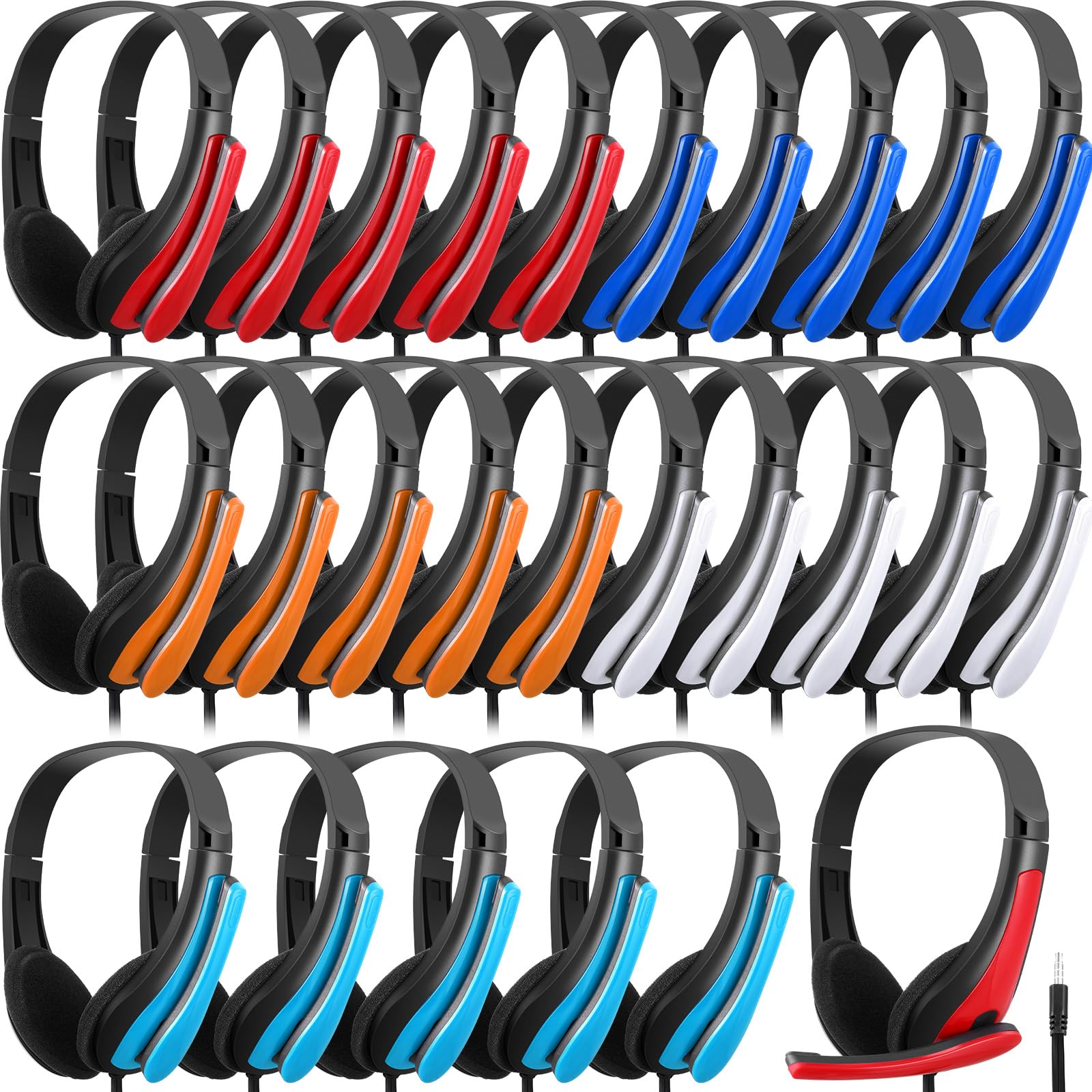 Yunsailing Lot de 30 écouteurs filaires pour salle de classe avec microphone pour école, bibliothèque, ordinateur, bureau, adultes, prise jack 3,5 mm (rouge bleu)