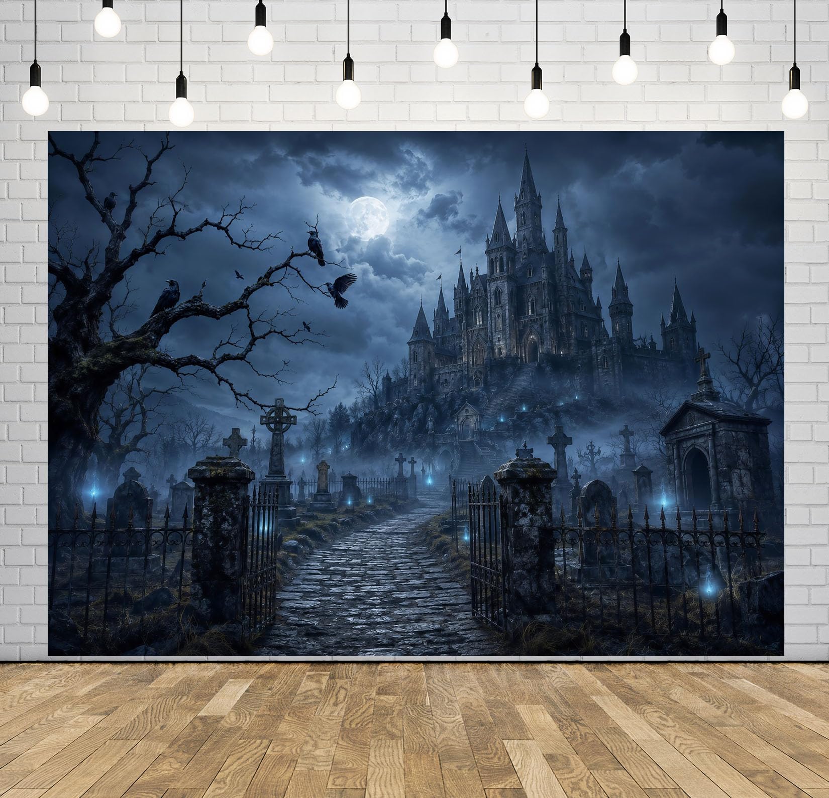 15x10FT (4.6x3m) Cimitero Castello Fiamme Blu Sfondo Fotografico