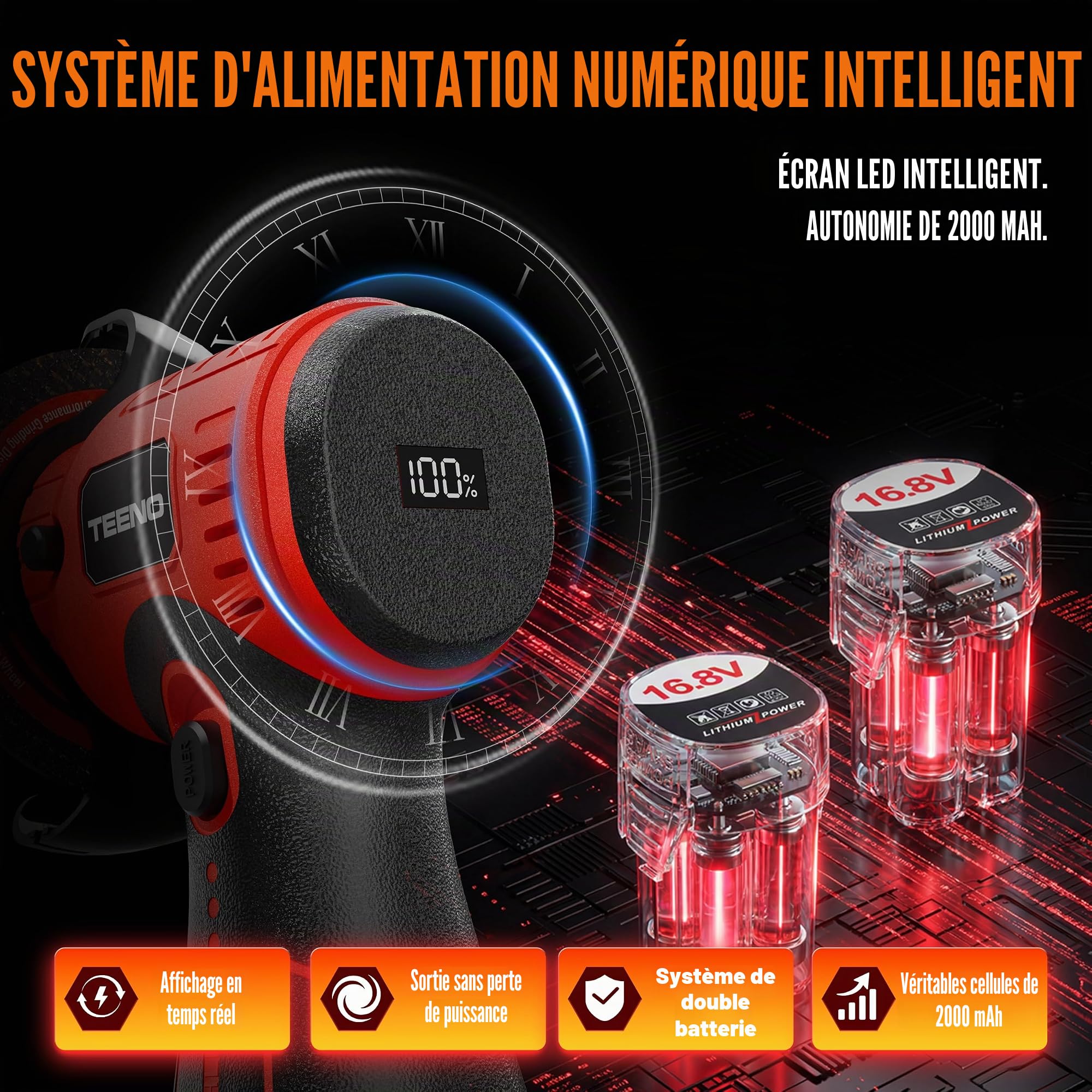 TEENO Meuleuse d'Angle Sans Fil Brushless 16,8V 76mm 19500 tr/min | Moteur 800W, Écran LED, 2 Batteries 2000mAh, 6 Disques & Coffret. Couper, Poncer, Polir métal, bois, carrelage.