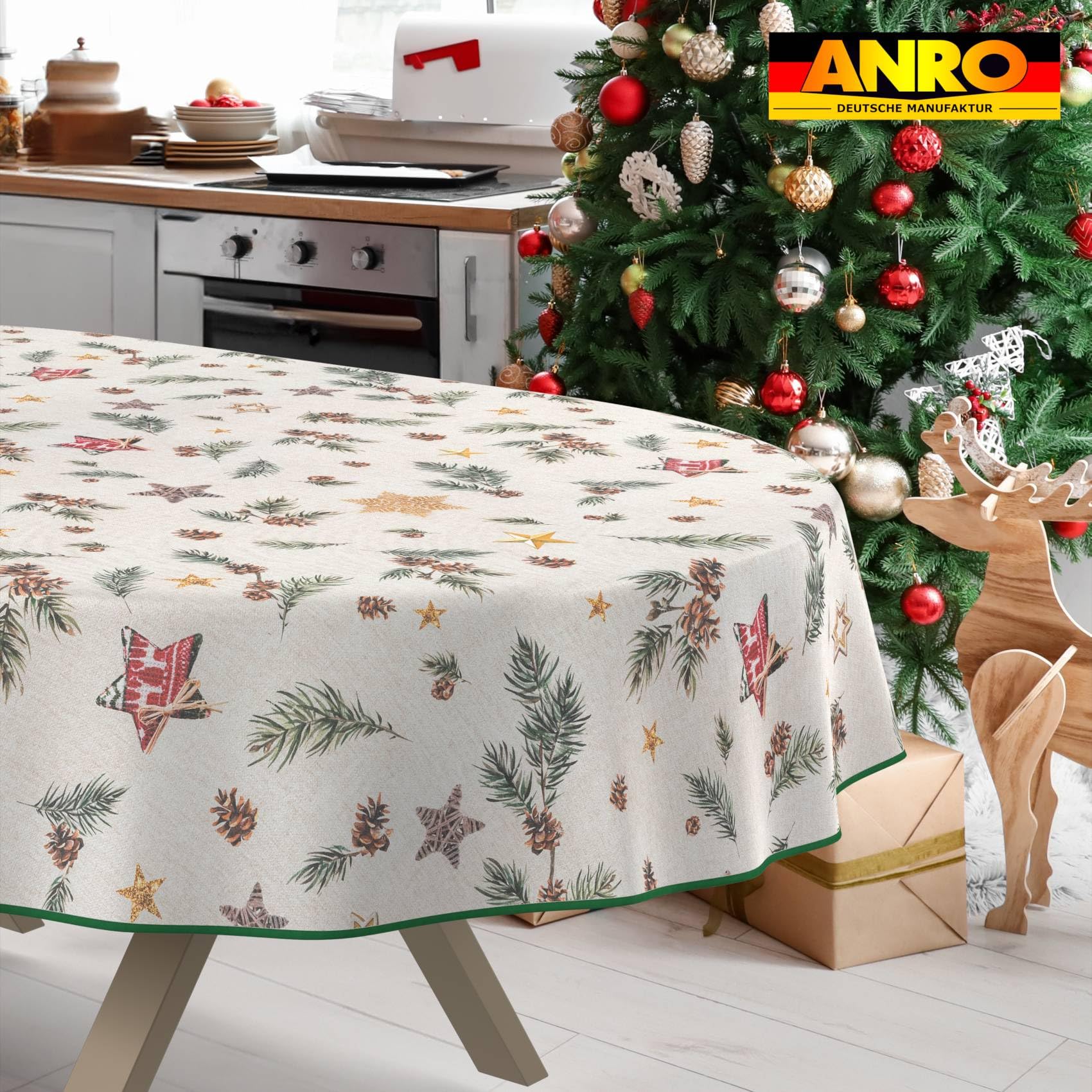 ANRO Tischdecke abwaschbar Weihnachten Stern mit Saum oval 180x140 cm
