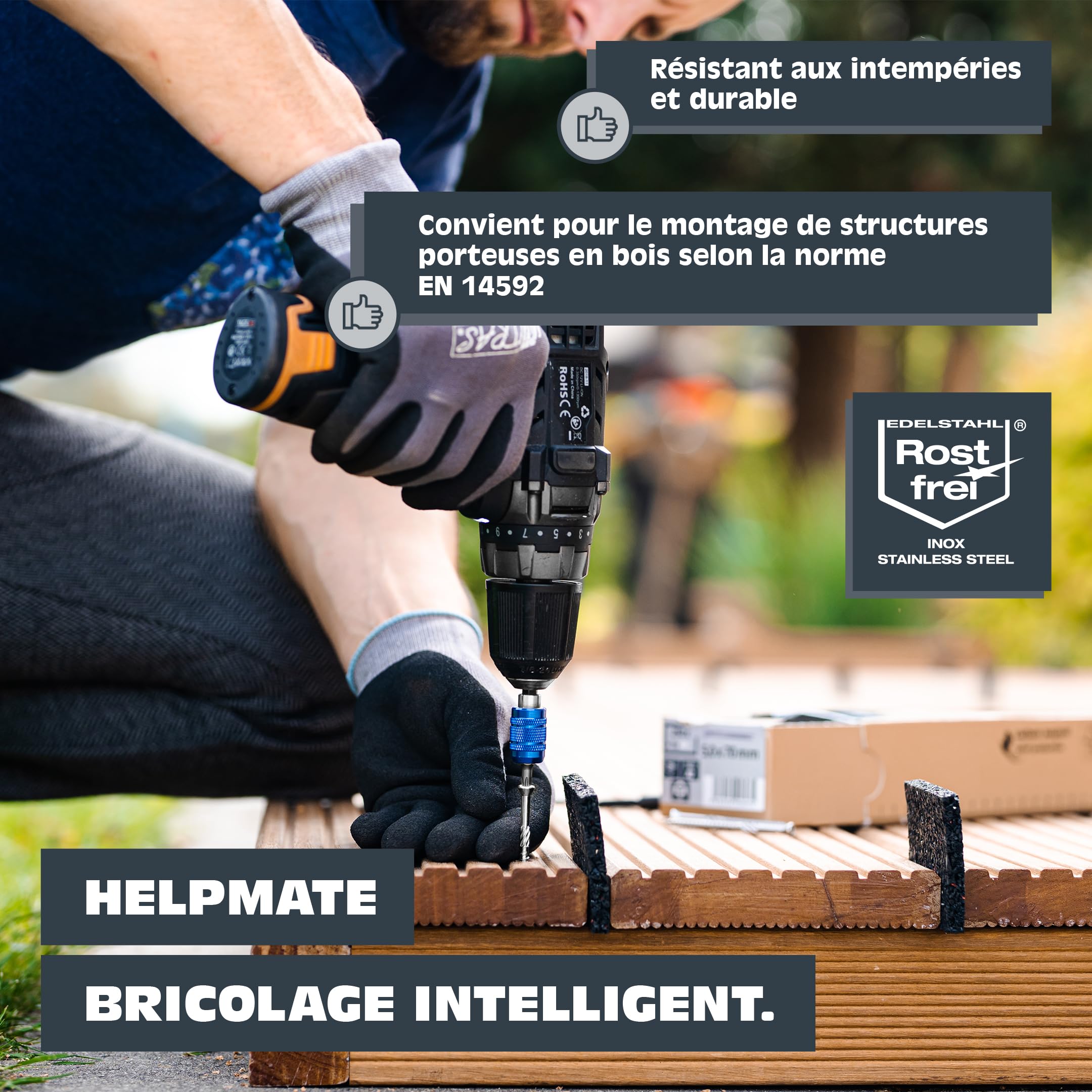 HELPMATE – Tornillos de terraza 5 x 70 acero inoxidable A2 – 1000 tornillos para tablones + puntas T25 – Tornillos para terrazas para exteriores (construcción de terrazas, casas de jardín, estructuras