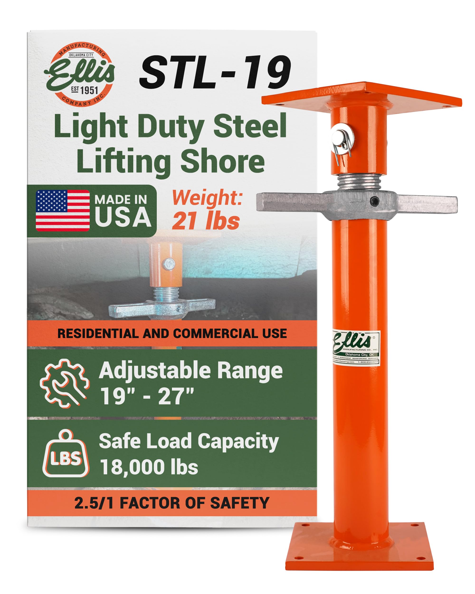 Ellis Manufacturing Light-Duty Steel Construction Jack - Adjustable Screw Jack Post for Floor Leveling, Beams, and Concrete - 18,000 lb Load Capacity - 19"-27" Adjustment, House Jacks for Leveling