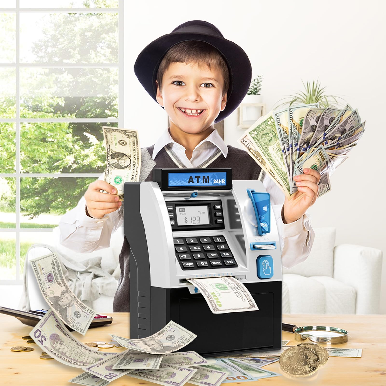 Salvadanaio Elettronico, Money Bank Cassa di Risparmio Versione EURO ATM Salvadanaio Elettronico Digitale ATM per Monete e Banconote Auto Scorrimento Carta Money Saving Box